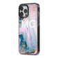 Monogrammed Purple Gold Glitter Marble iPhone 13 Pro Max Black Impact Case Side Angle on Silver phone