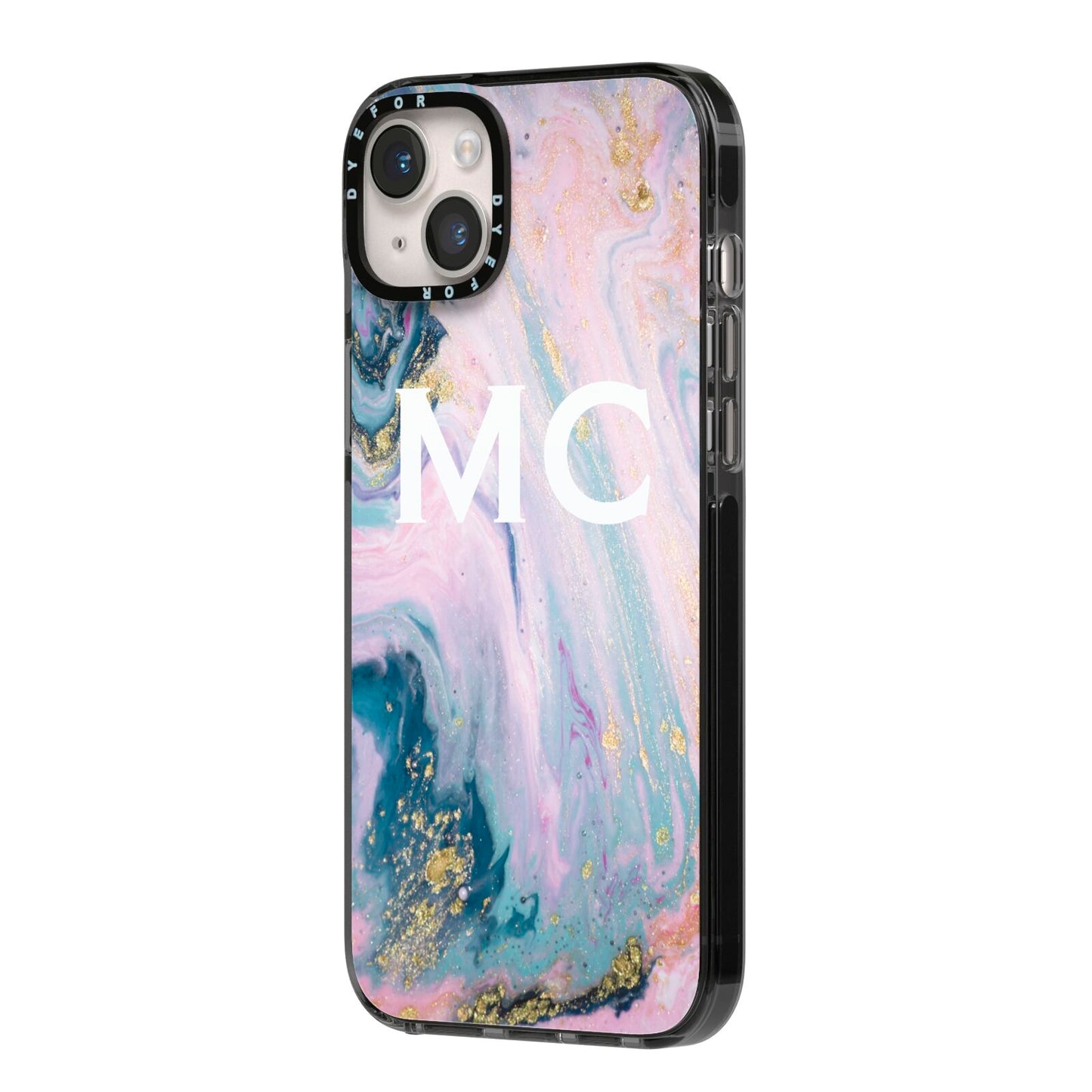 Monogrammed Purple Gold Glitter Marble iPhone 14 Plus Black Impact Case Side Angle on Silver phone