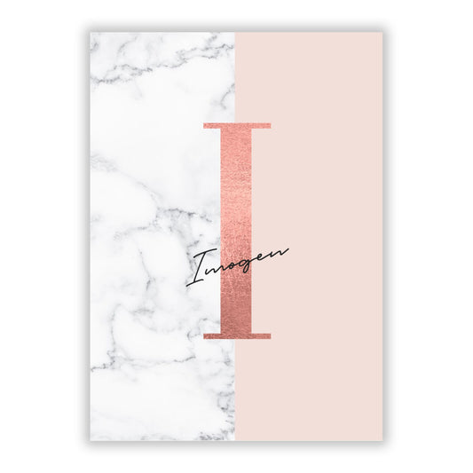 Monogrammed Rose Gold Marble A5 Flat Greetings Card