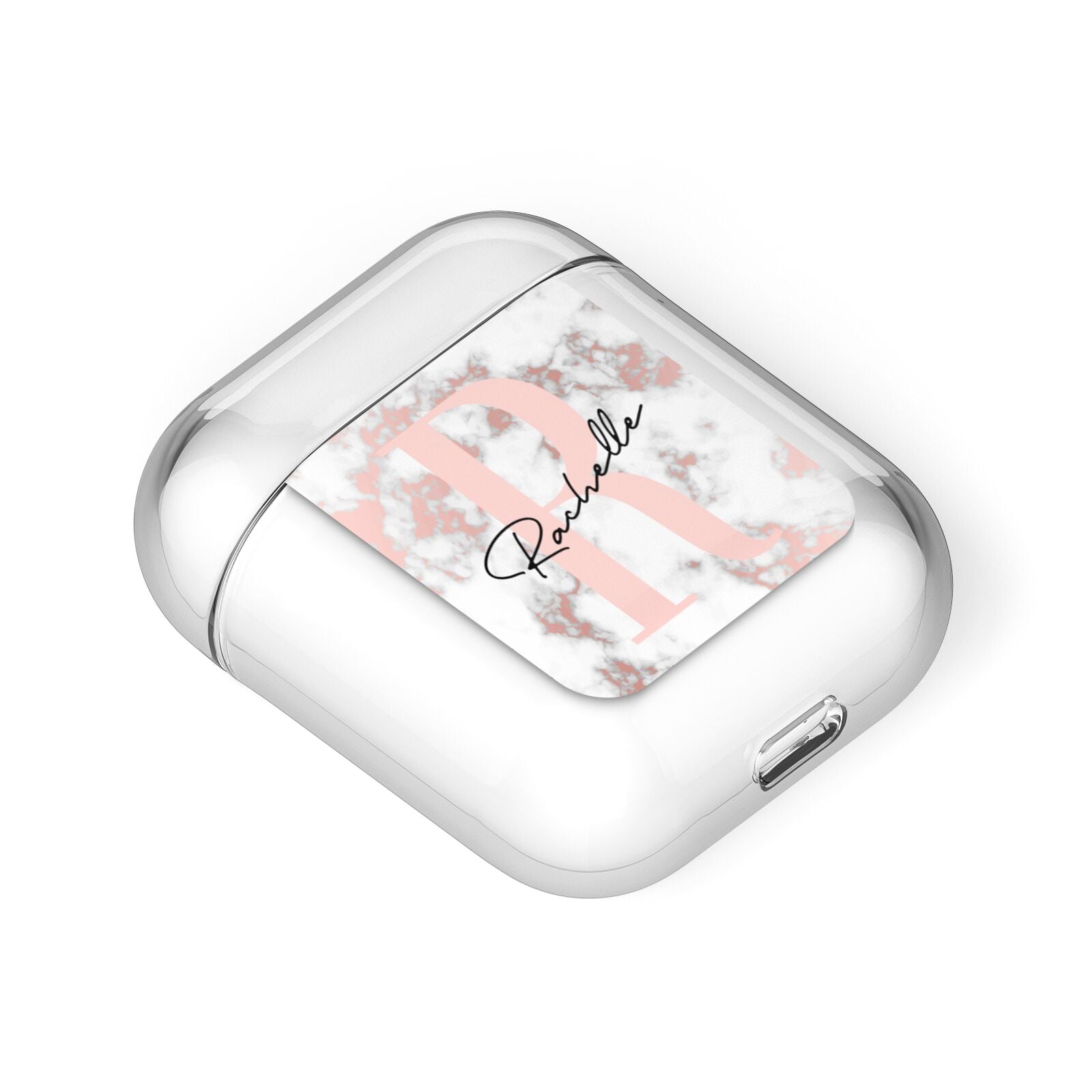 Monogrammed Rose Gold Marble AirPods Case Laid Flat