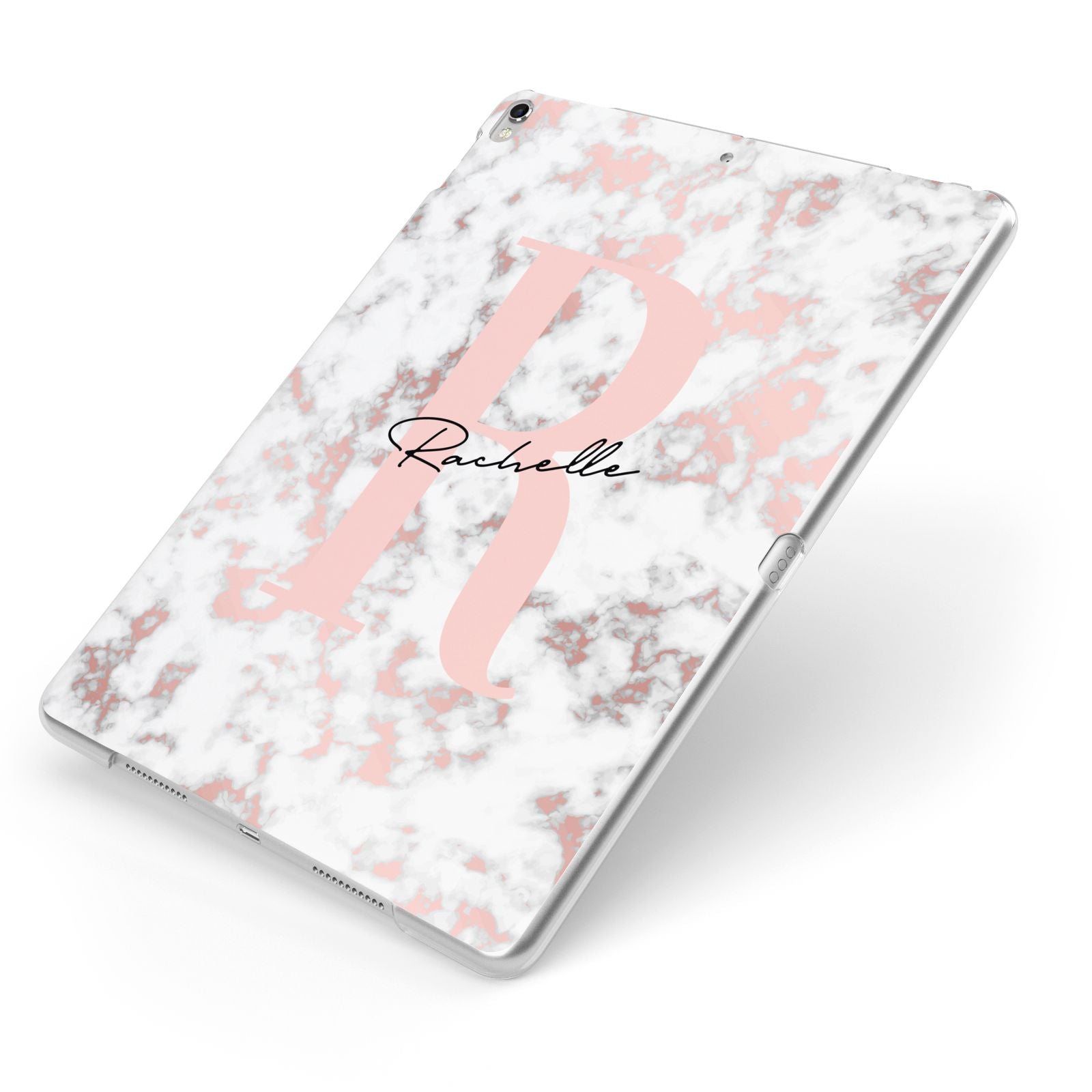 Monogrammed Rose Gold Marble Apple iPad Case on Silver iPad Side View