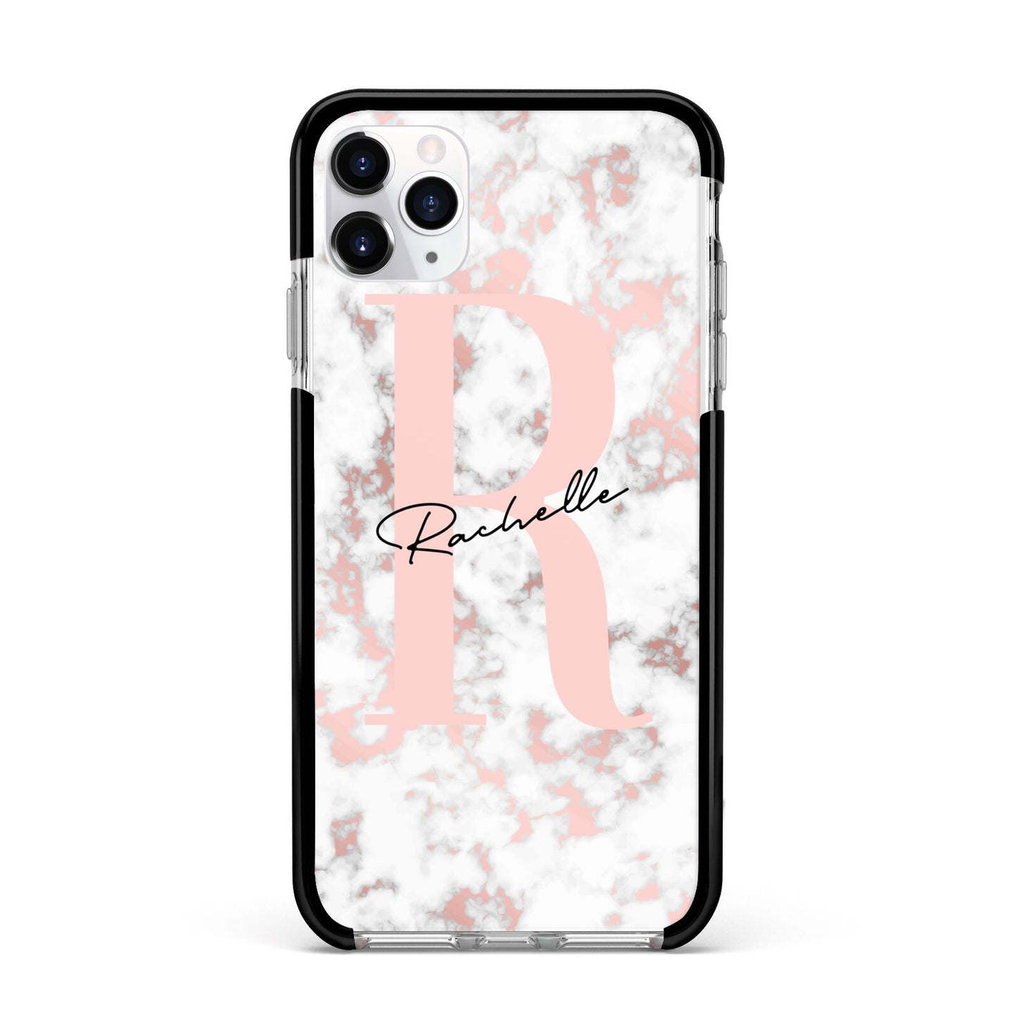Monogrammed Rose Gold Marble Apple iPhone 11 Pro Max in Silver with Black Impact Case