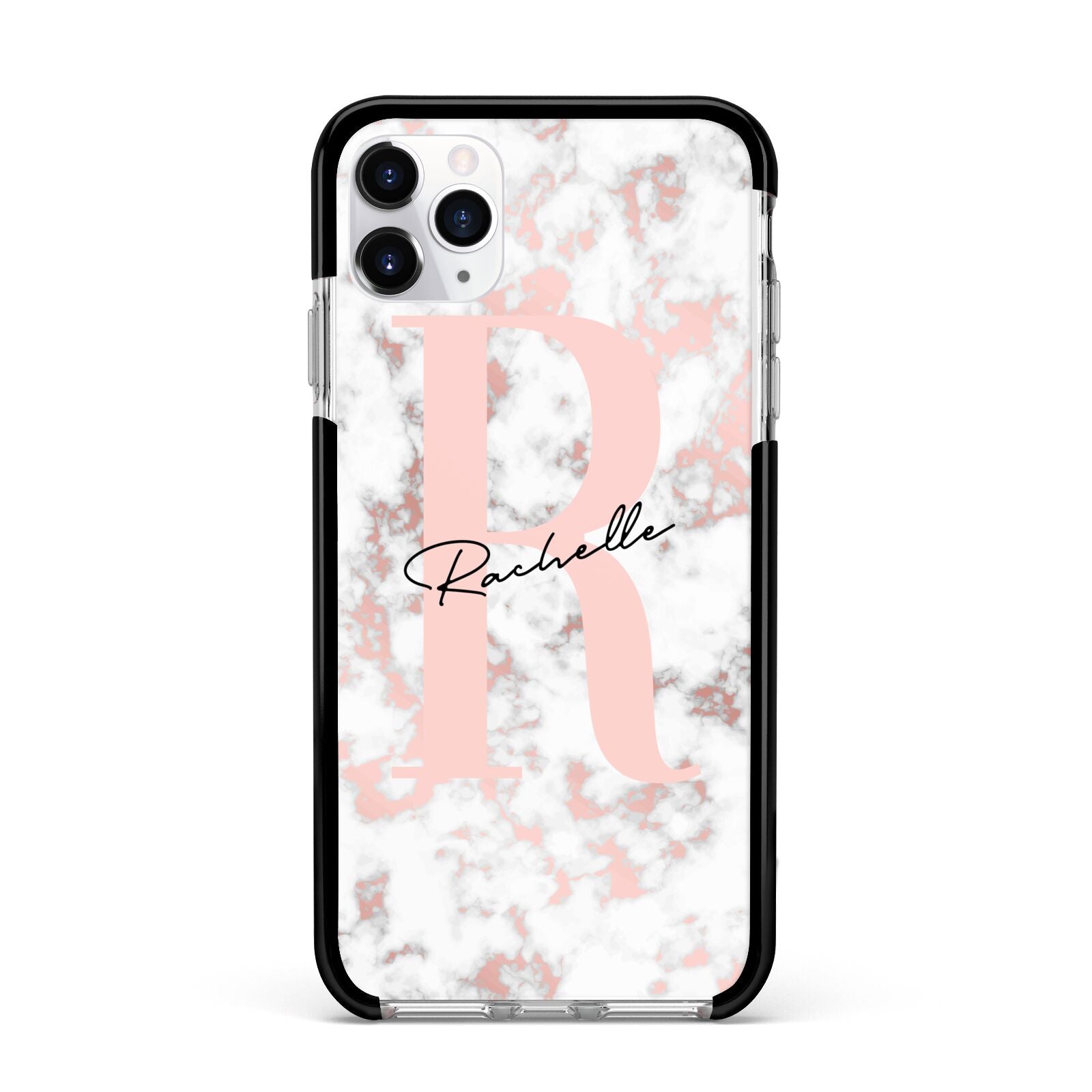 Monogrammed Rose Gold Marble Apple iPhone 11 Pro Max in Silver with Black Impact Case