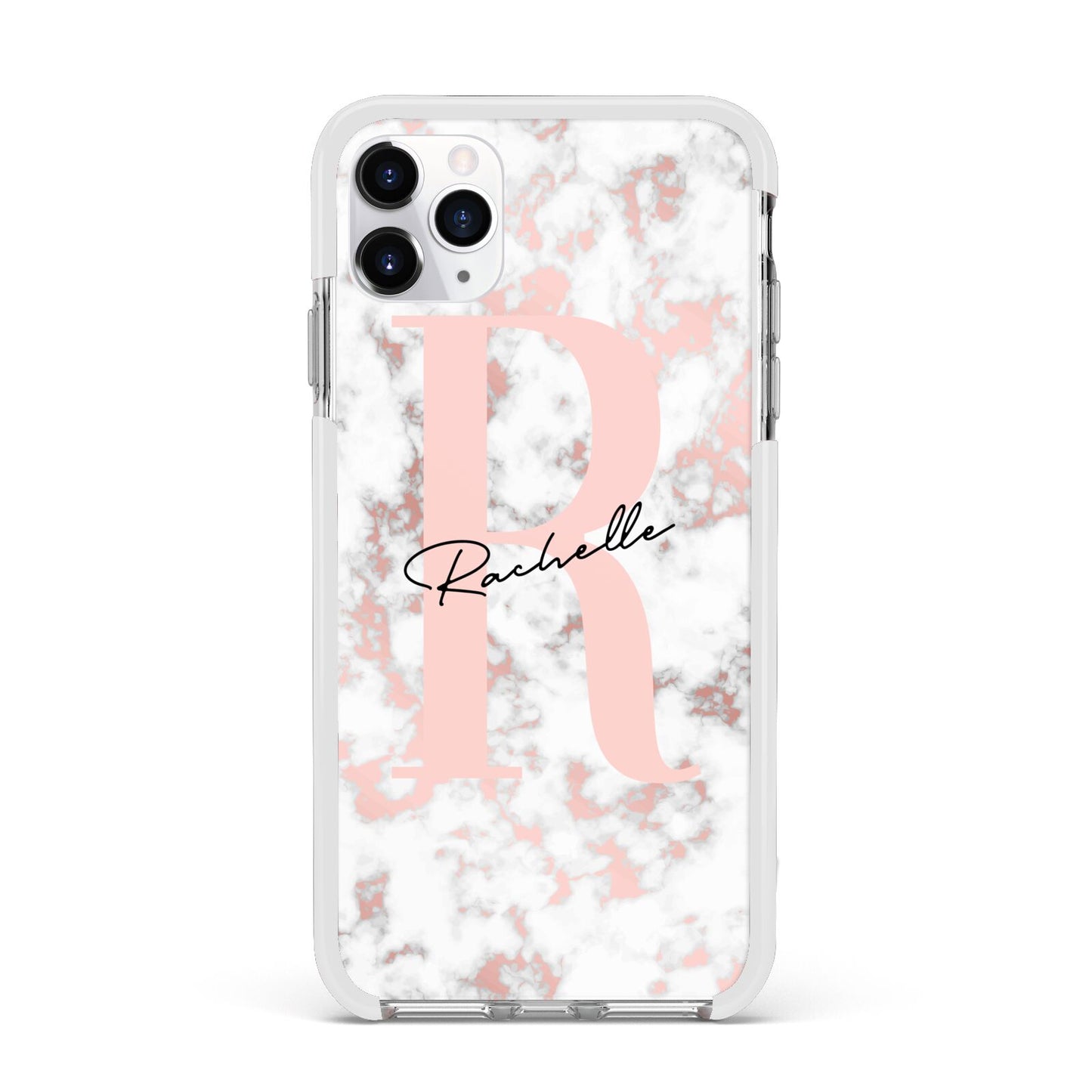 Monogrammed Rose Gold Marble Apple iPhone 11 Pro Max in Silver with White Impact Case