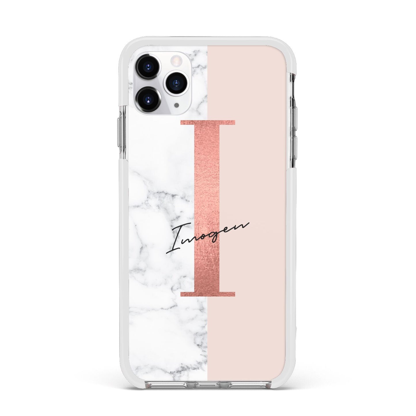 Monogrammed Rose Gold Marble Apple iPhone 11 Pro Max in Silver with White Impact Case