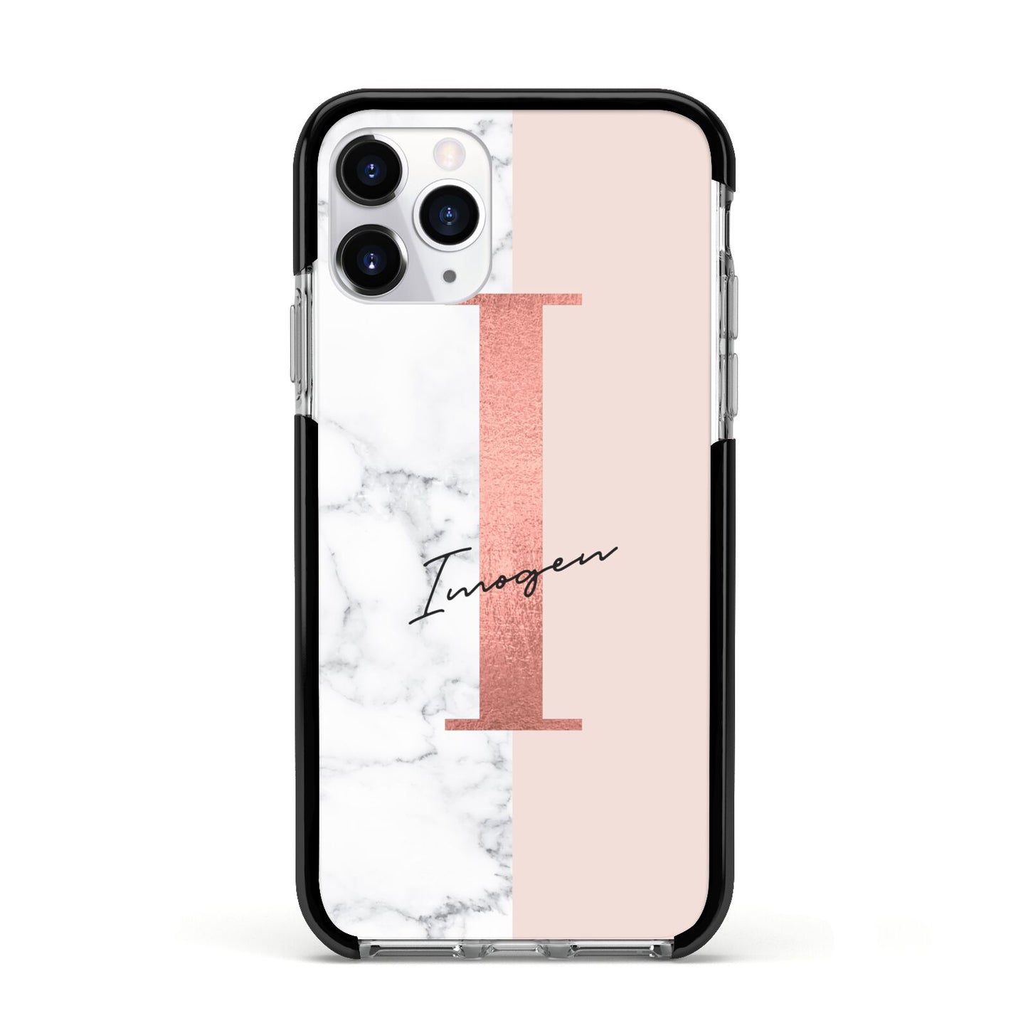 Monogrammed Rose Gold Marble Apple iPhone 11 Pro in Silver with Black Impact Case