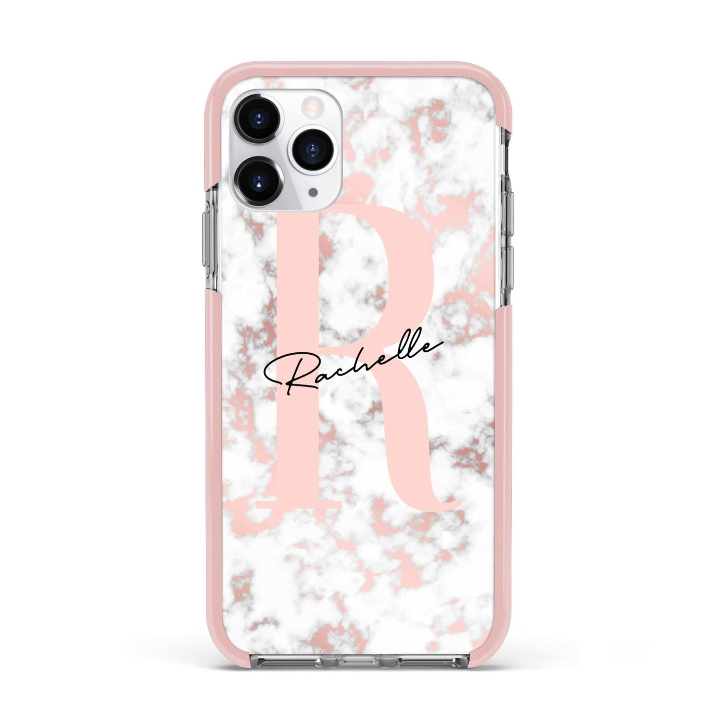 Monogrammed Rose Gold Marble Apple iPhone 11 Pro in Silver with Pink Impact Case