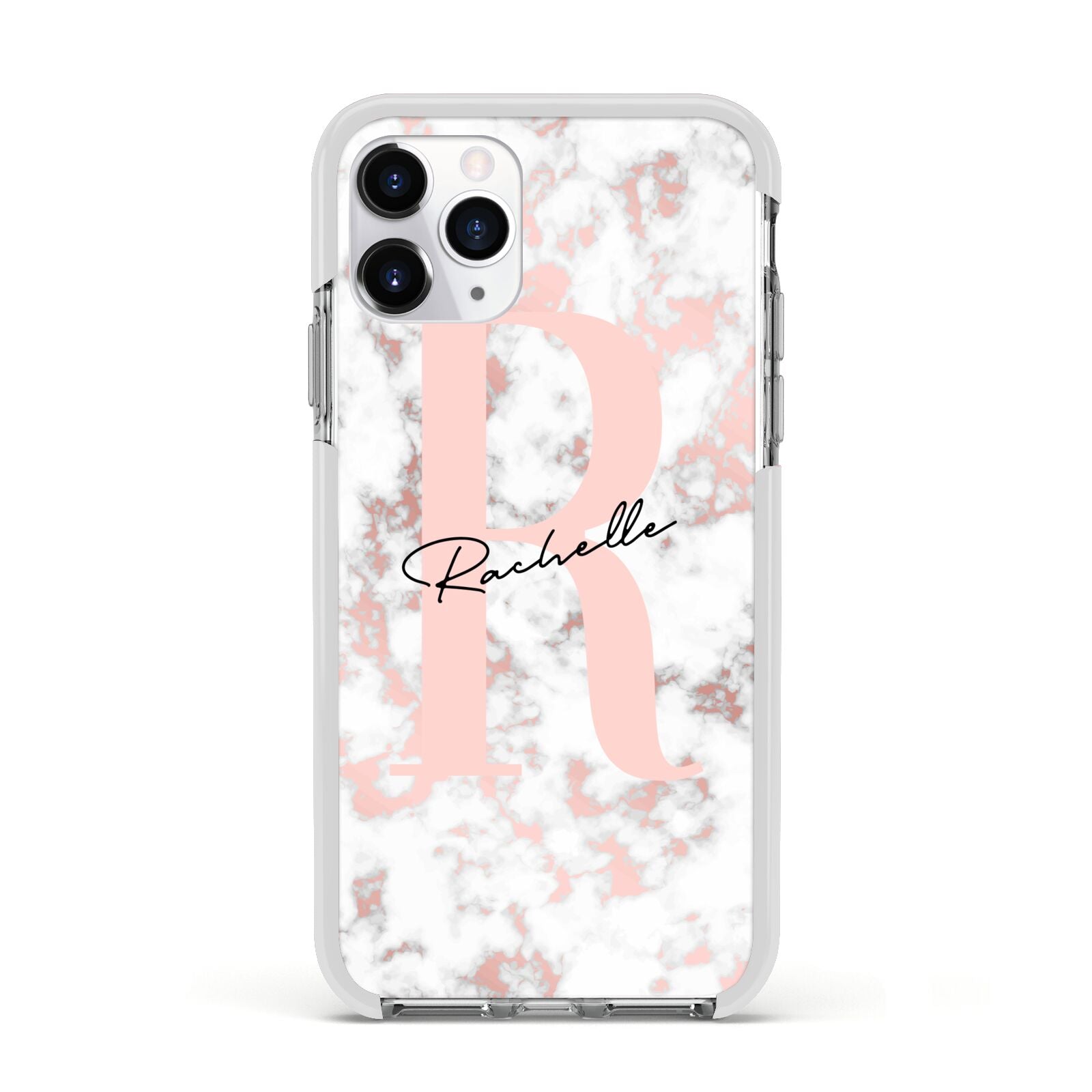 Monogrammed Rose Gold Marble Apple iPhone 11 Pro in Silver with White Impact Case