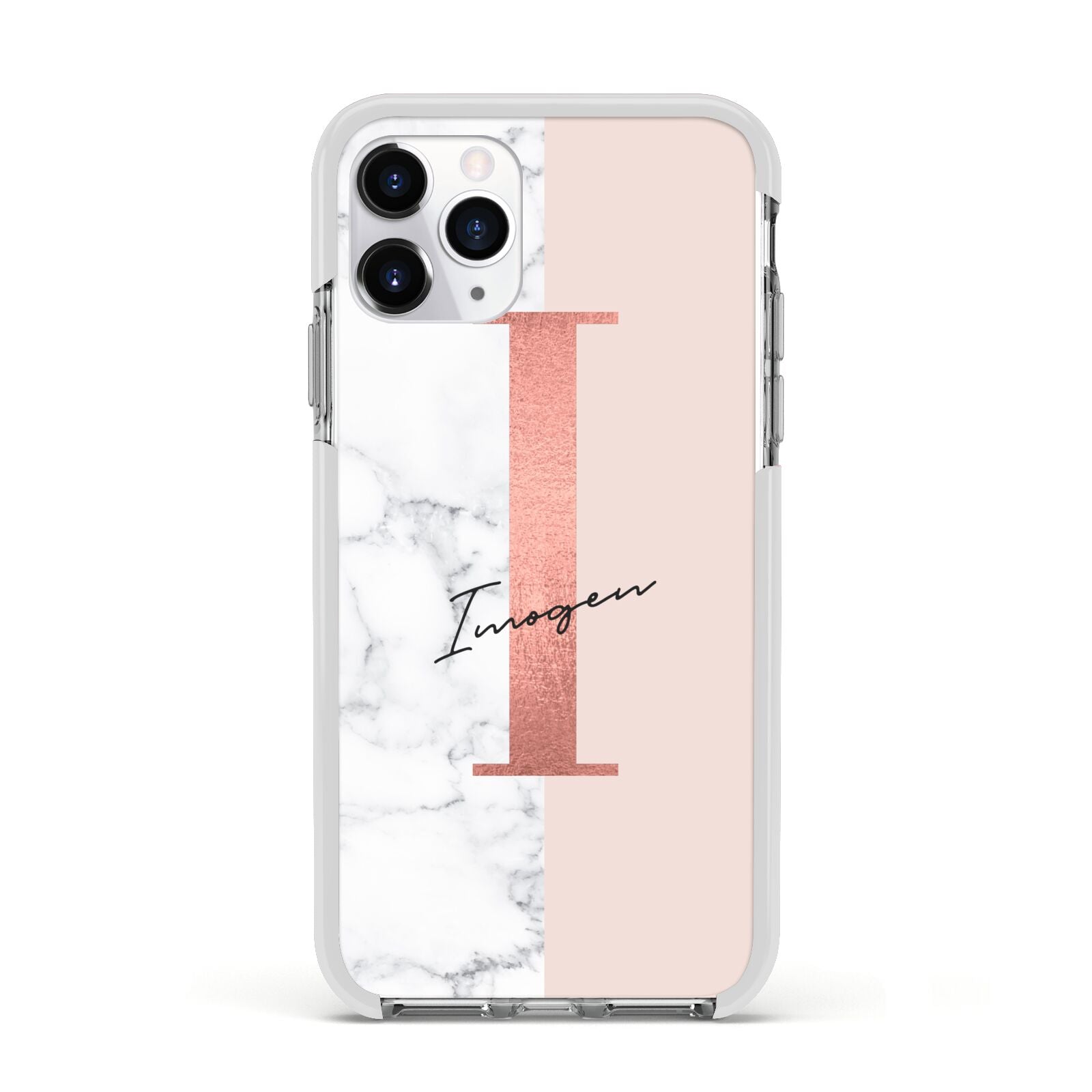 Monogrammed Rose Gold Marble Apple iPhone 11 Pro in Silver with White Impact Case