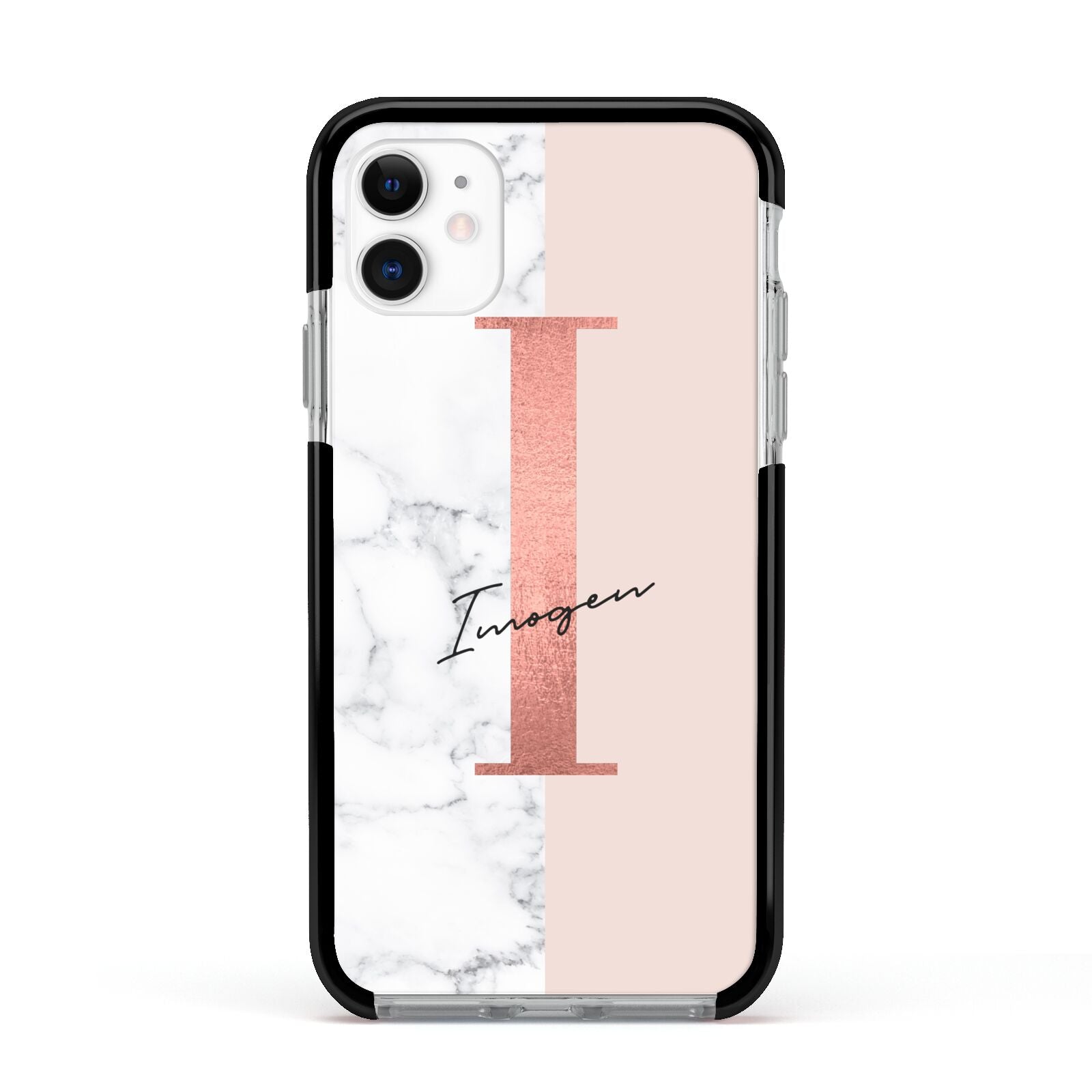 Monogrammed Rose Gold Marble Apple iPhone 11 in White with Black Impact Case