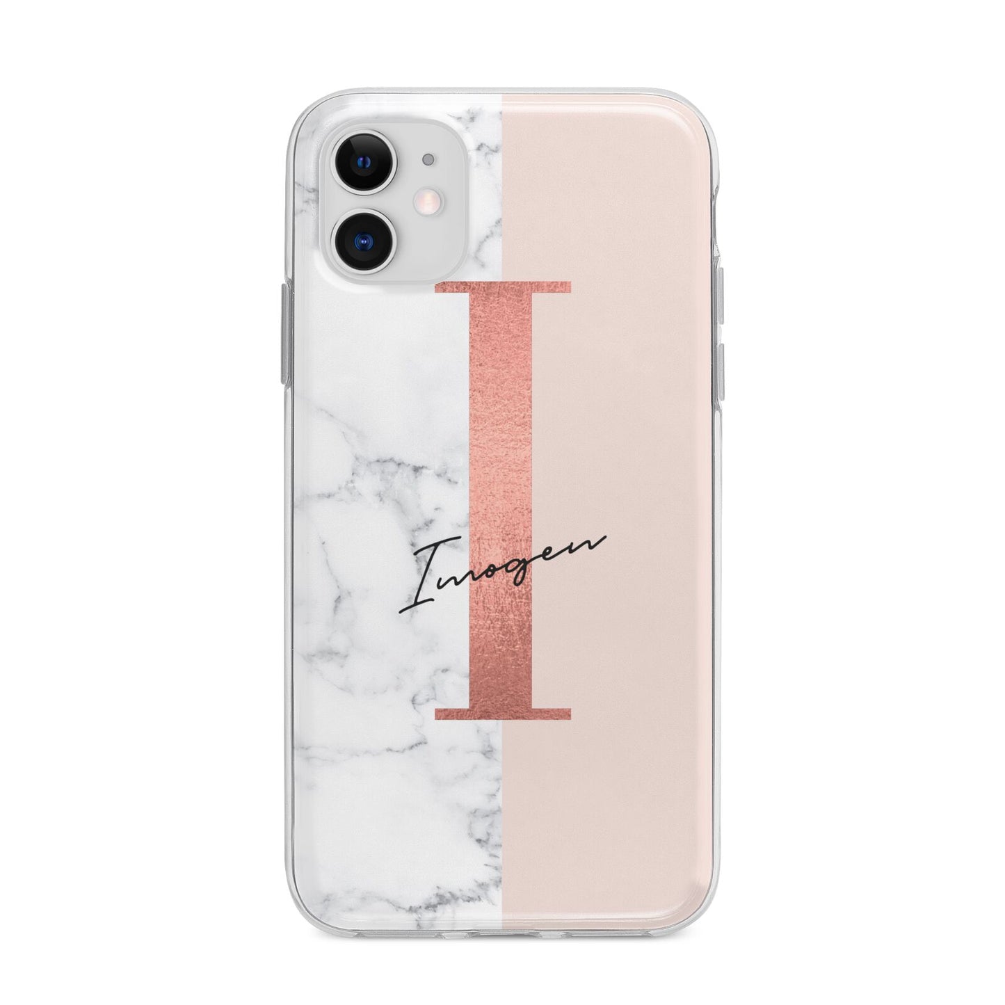 Monogrammed Rose Gold Marble Apple iPhone 11 in White with Bumper Case