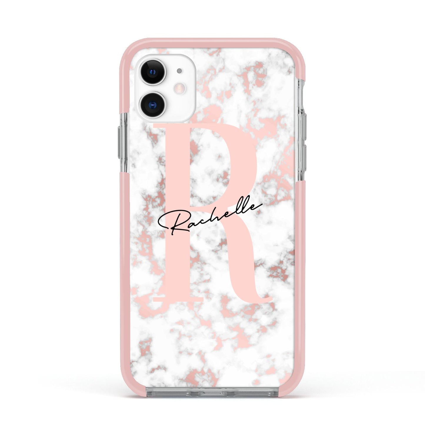 Monogrammed Rose Gold Marble Apple iPhone 11 in White with Pink Impact Case