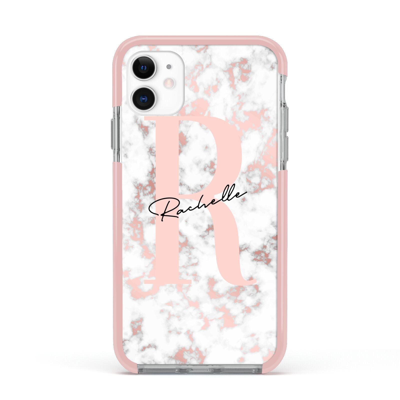 Monogrammed Rose Gold Marble Apple iPhone 11 in White with Pink Impact Case