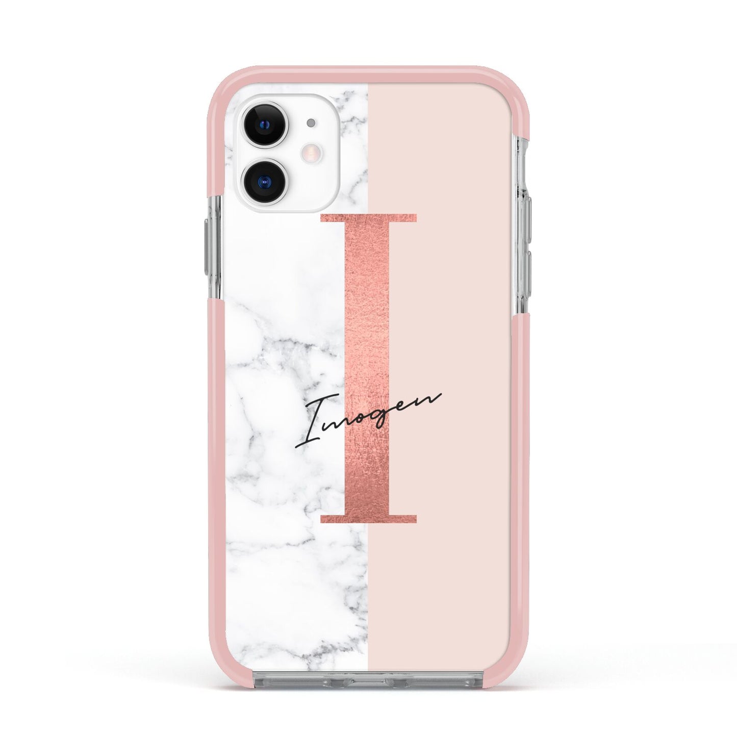 Monogrammed Rose Gold Marble Apple iPhone 11 in White with Pink Impact Case