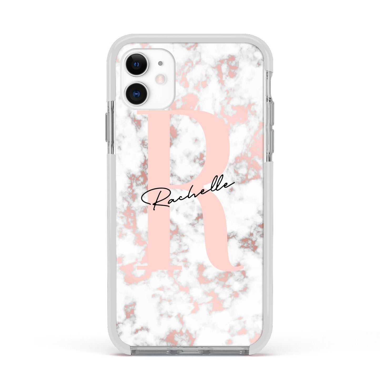 Monogrammed Rose Gold Marble Apple iPhone 11 in White with White Impact Case