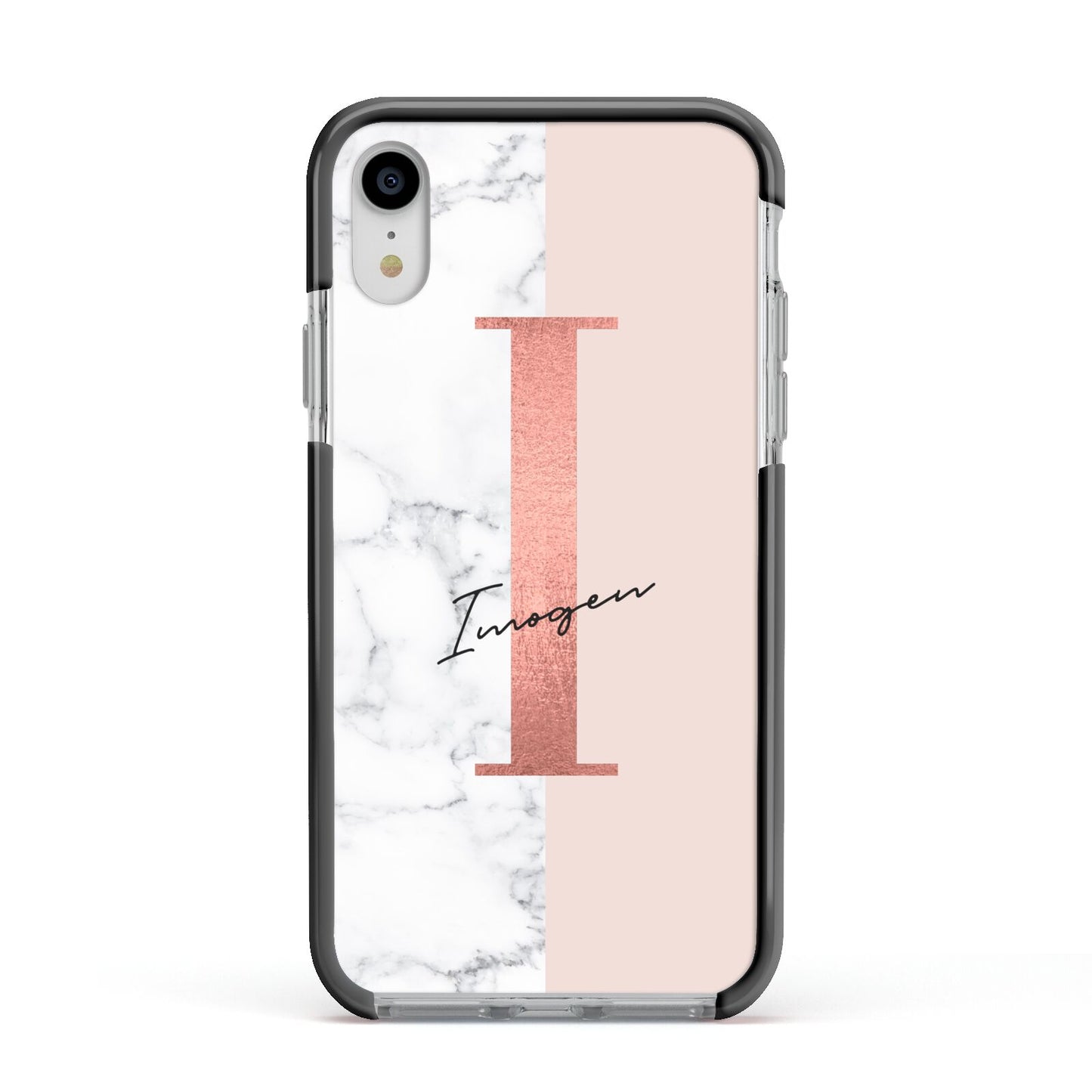 Monogrammed Rose Gold Marble Apple iPhone XR Impact Case Black Edge on Silver Phone
