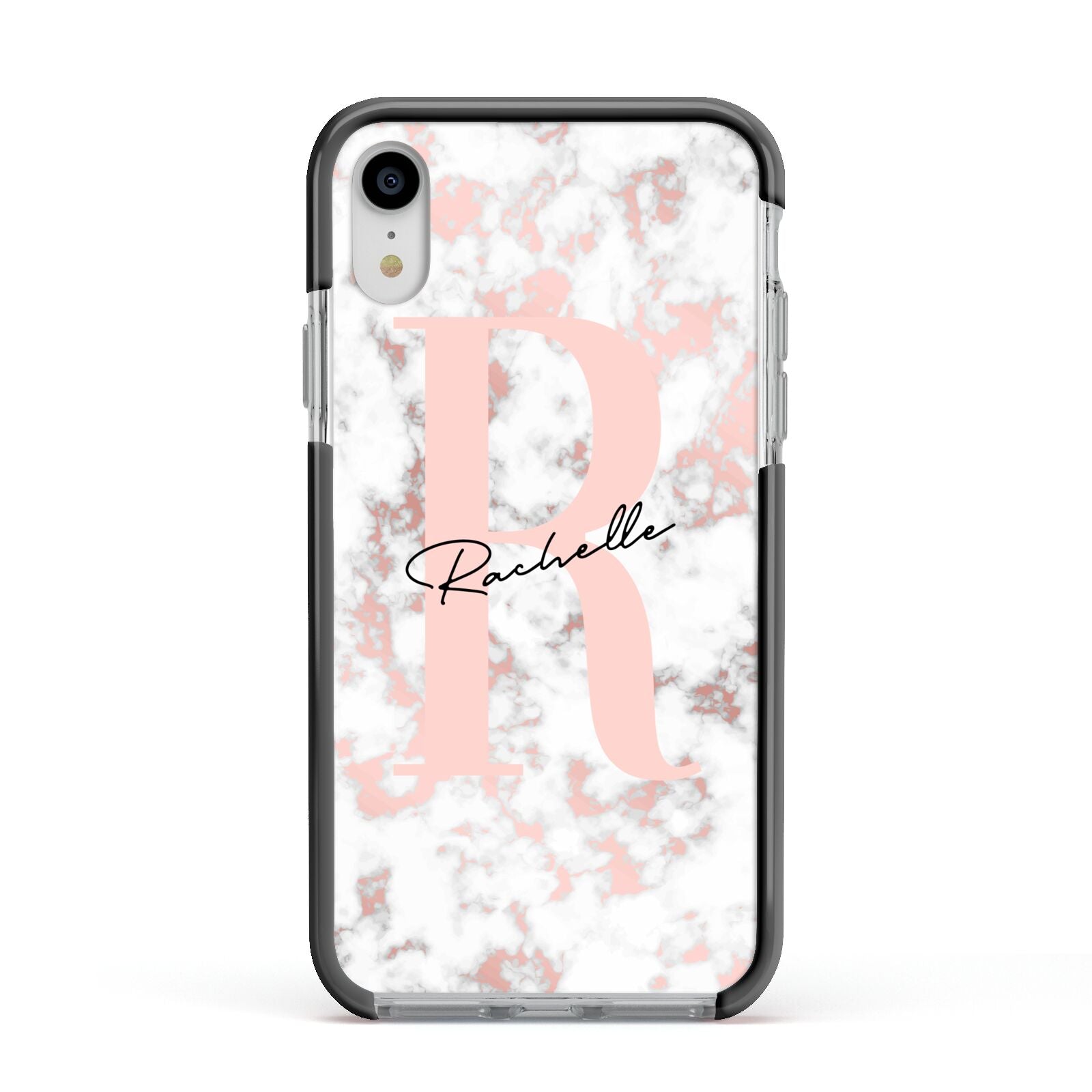 Monogrammed Rose Gold Marble Apple iPhone XR Impact Case Black Edge on Silver Phone