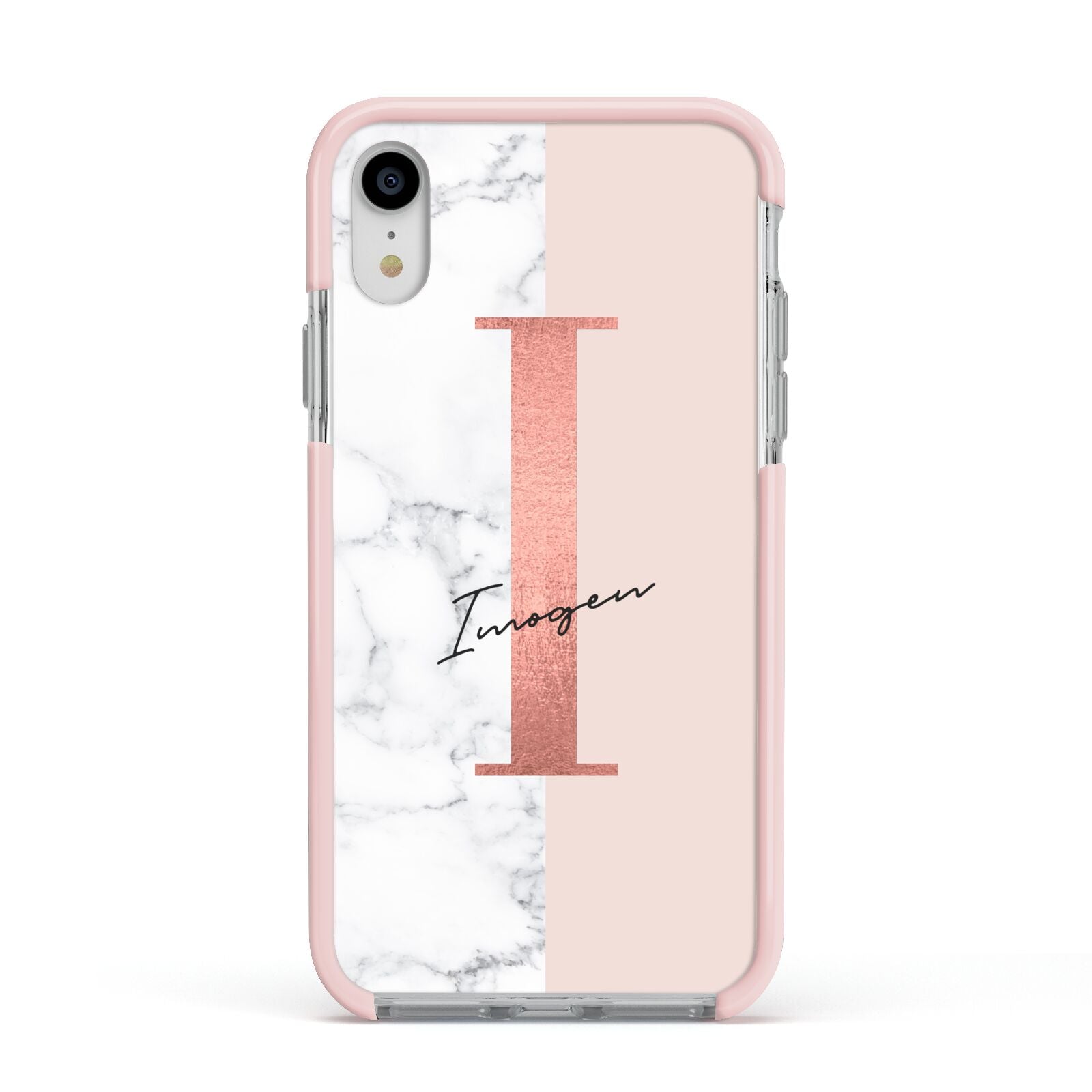 Monogrammed Rose Gold Marble Apple iPhone XR Impact Case Pink Edge on Silver Phone