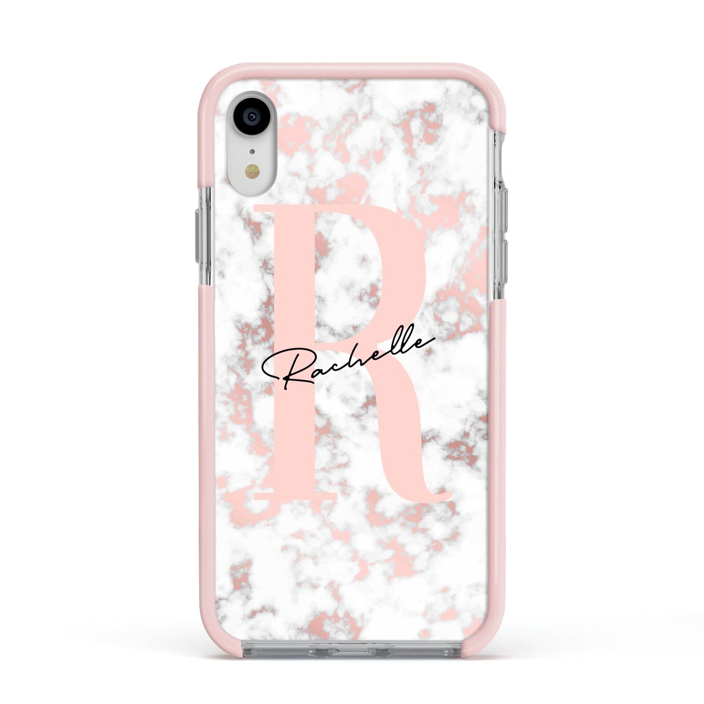 Monogrammed Rose Gold Marble Apple iPhone XR Impact Case Pink Edge on Silver Phone