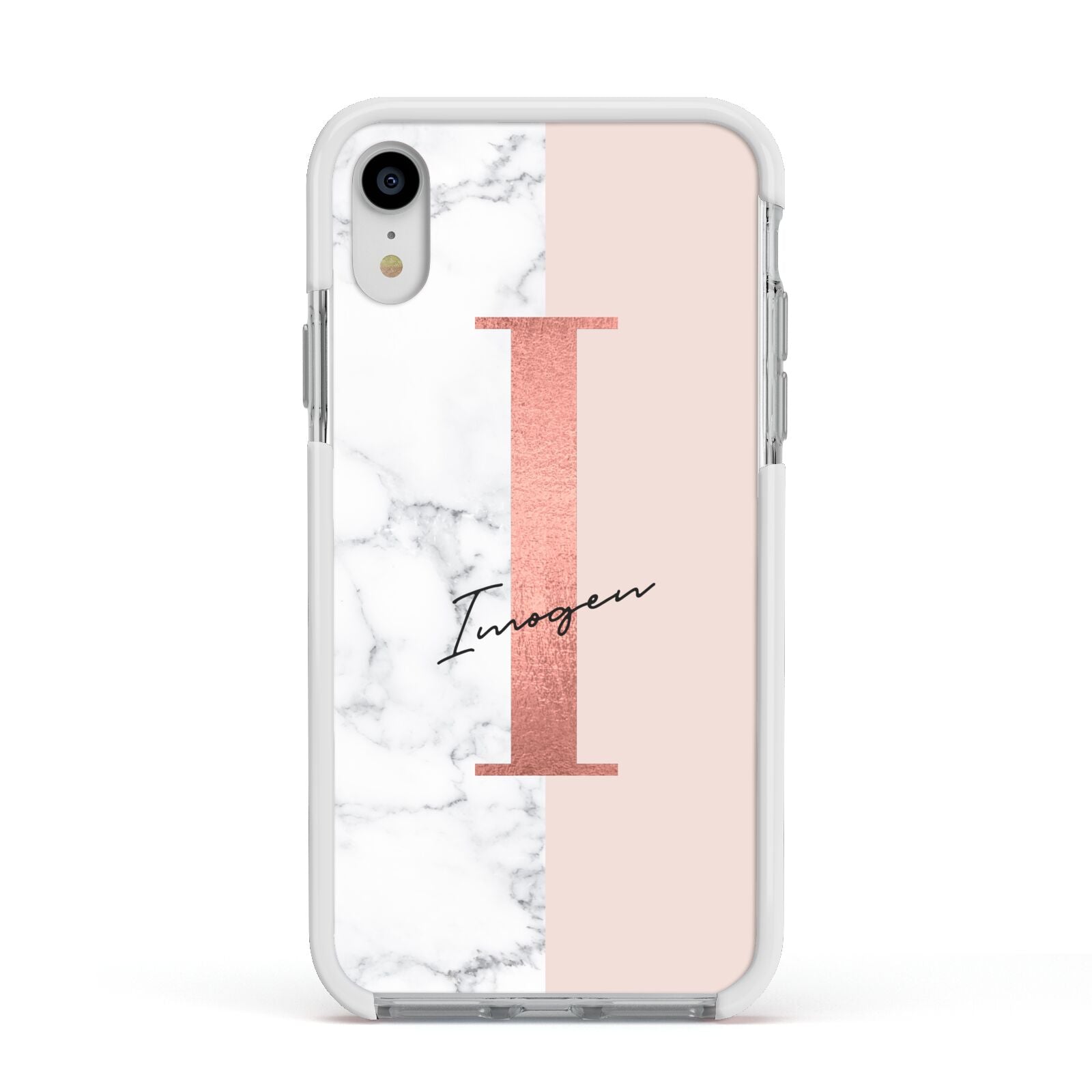 Monogrammed Rose Gold Marble Apple iPhone XR Impact Case White Edge on Silver Phone