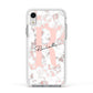 Monogrammed Rose Gold Marble Apple iPhone XR Impact Case White Edge on Silver Phone