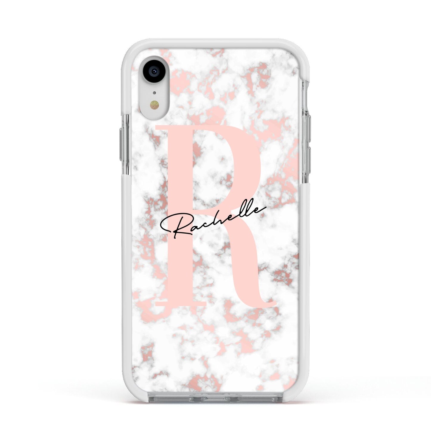 Monogrammed Rose Gold Marble Apple iPhone XR Impact Case White Edge on Silver Phone