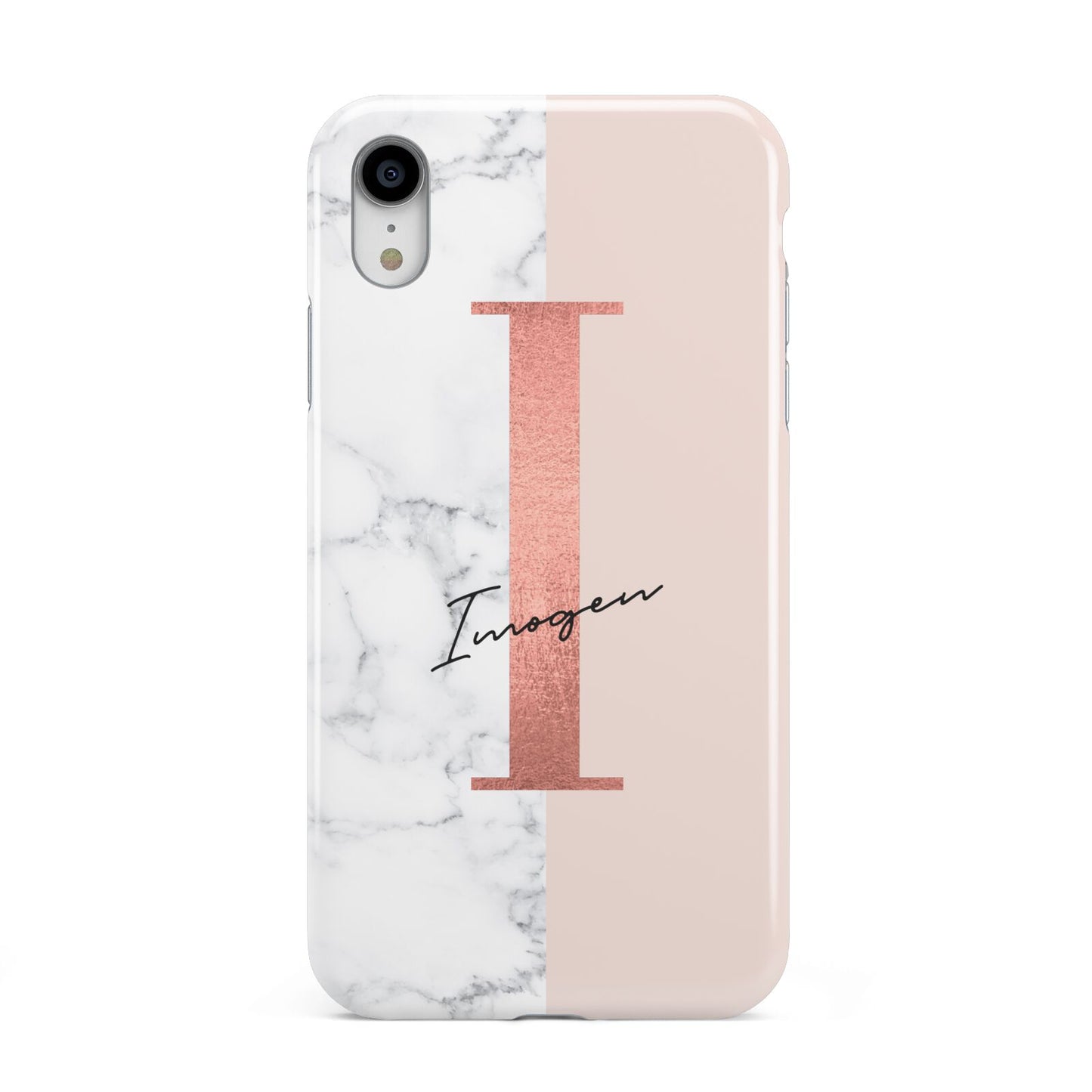 Monogrammed Rose Gold Marble Apple iPhone XR White 3D Tough Case