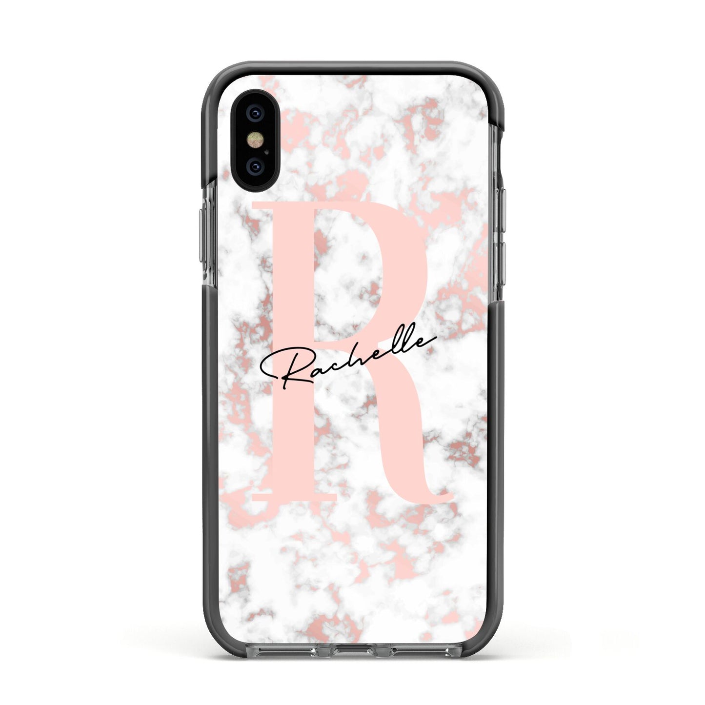 Monogrammed Rose Gold Marble Apple iPhone Xs Impact Case Black Edge on Black Phone