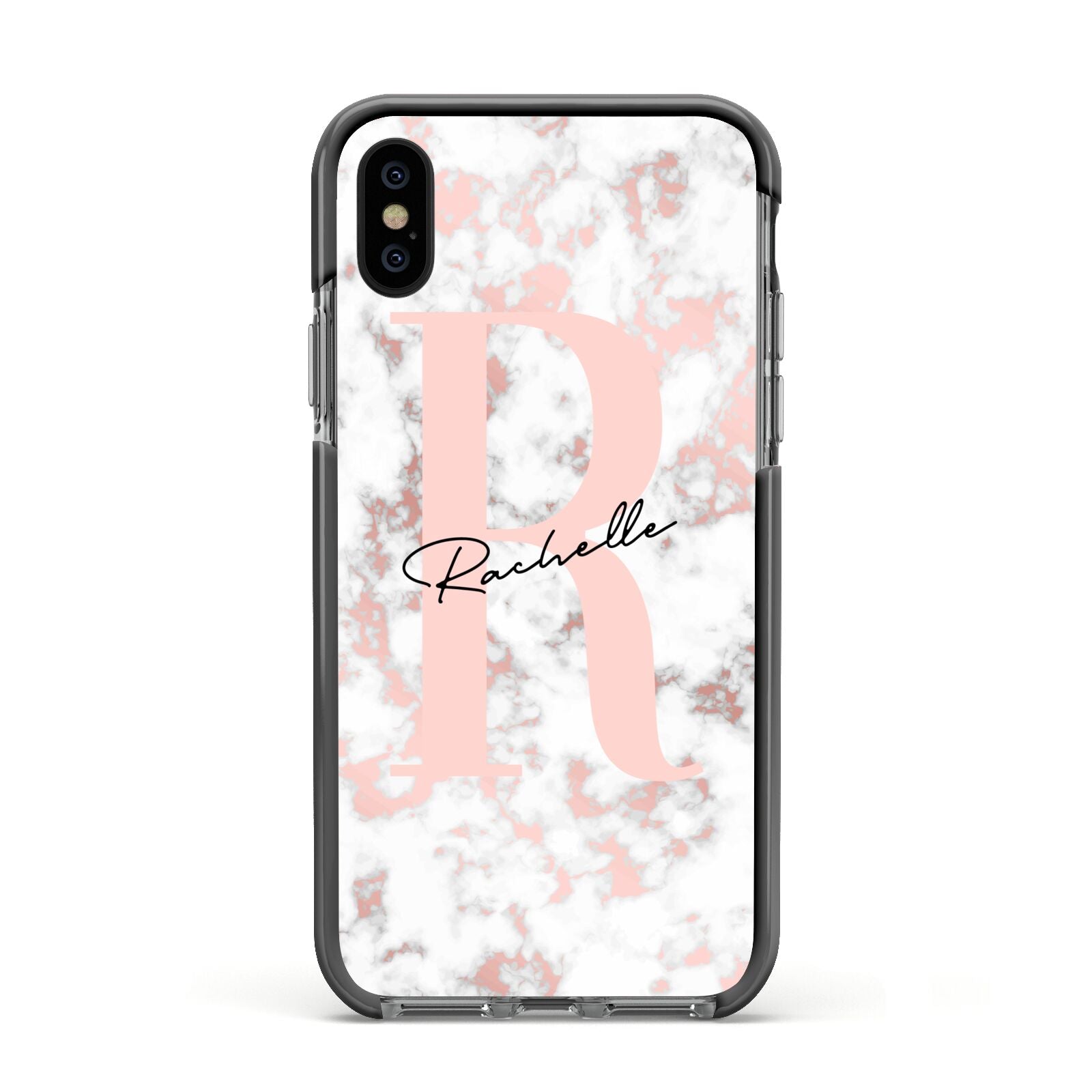 Monogrammed Rose Gold Marble Apple iPhone Xs Impact Case Black Edge on Black Phone