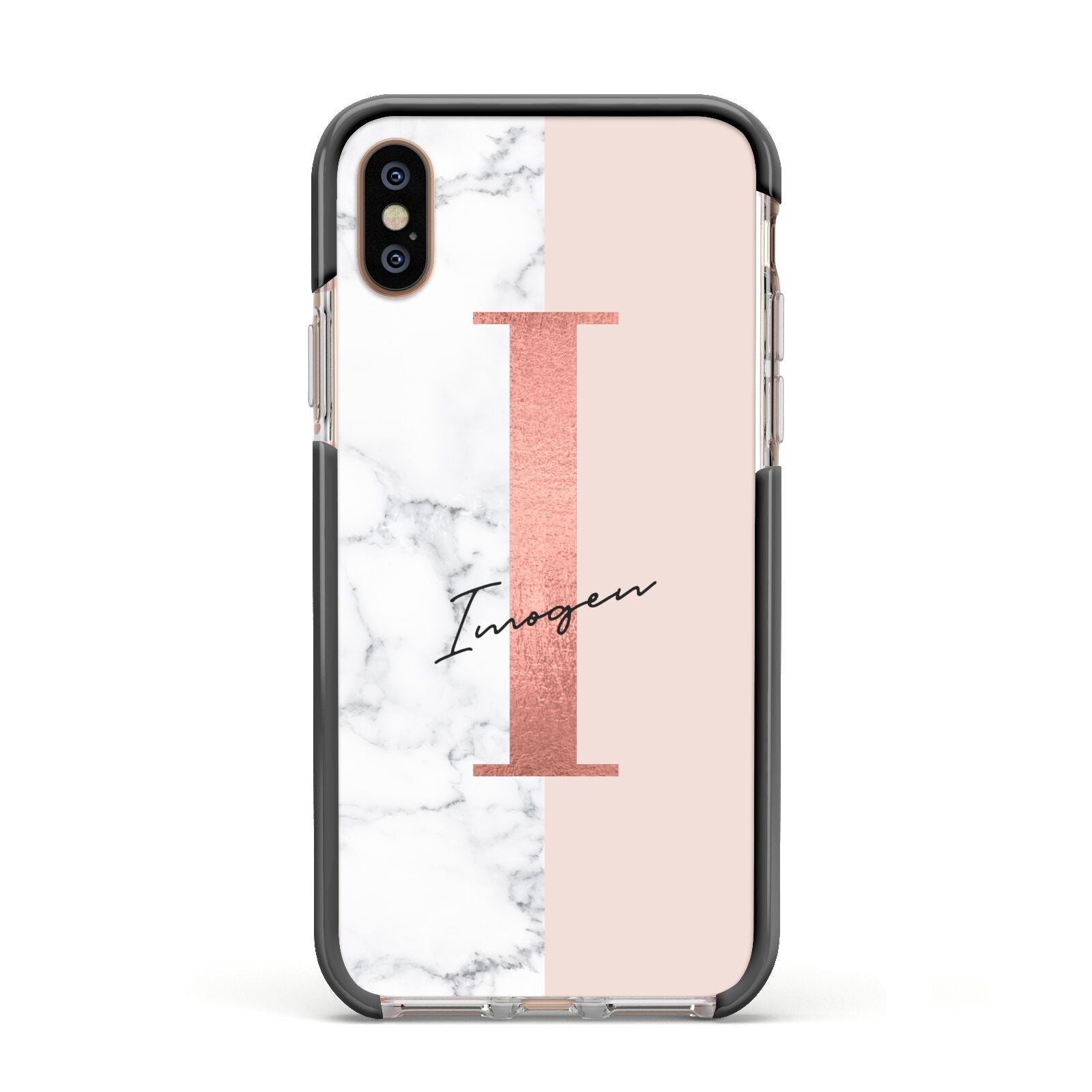 Monogrammed Rose Gold Marble Apple iPhone Xs Impact Case Black Edge on Gold Phone