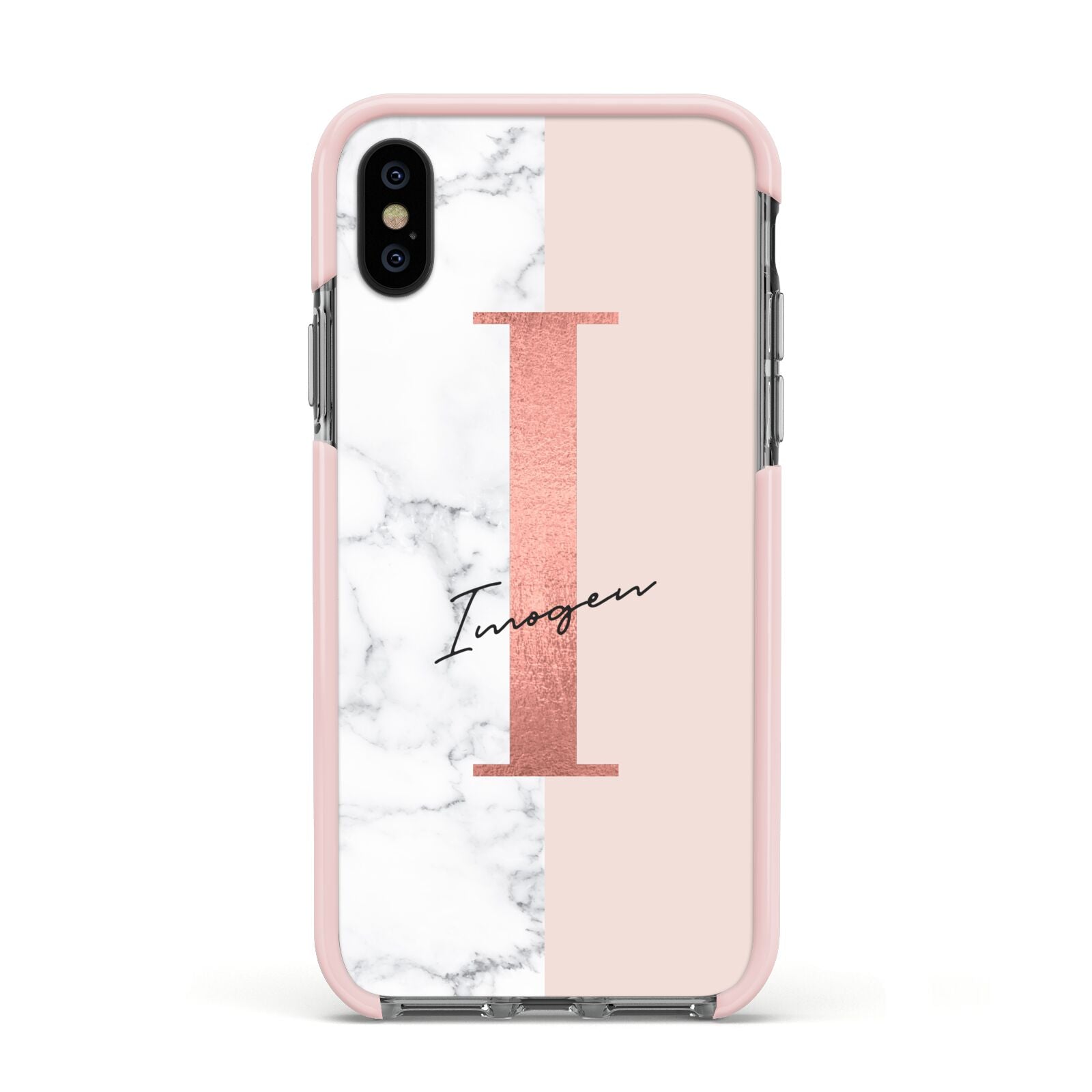 Monogrammed Rose Gold Marble Apple iPhone Xs Impact Case Pink Edge on Black Phone