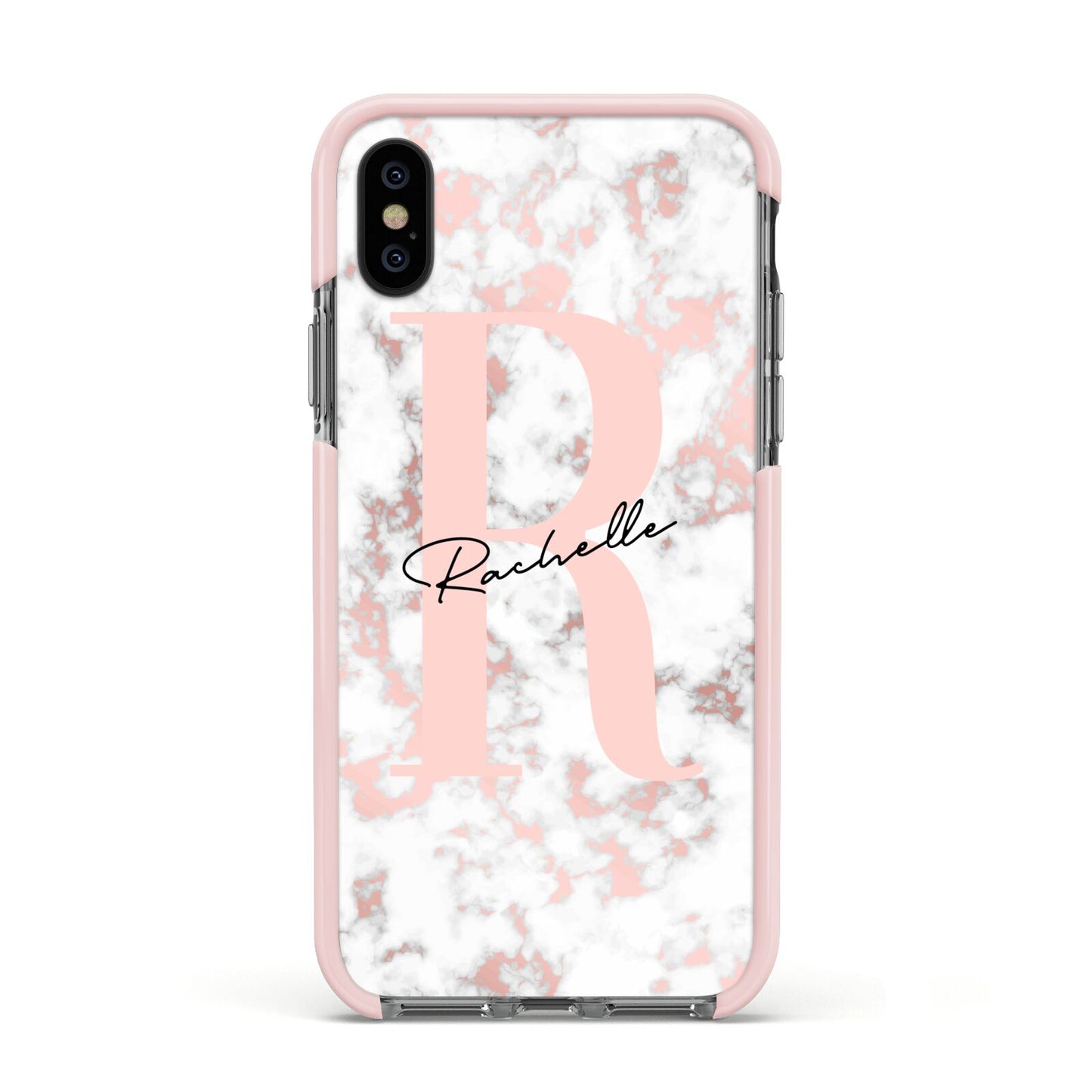Monogrammed Rose Gold Marble Apple iPhone Xs Impact Case Pink Edge on Black Phone