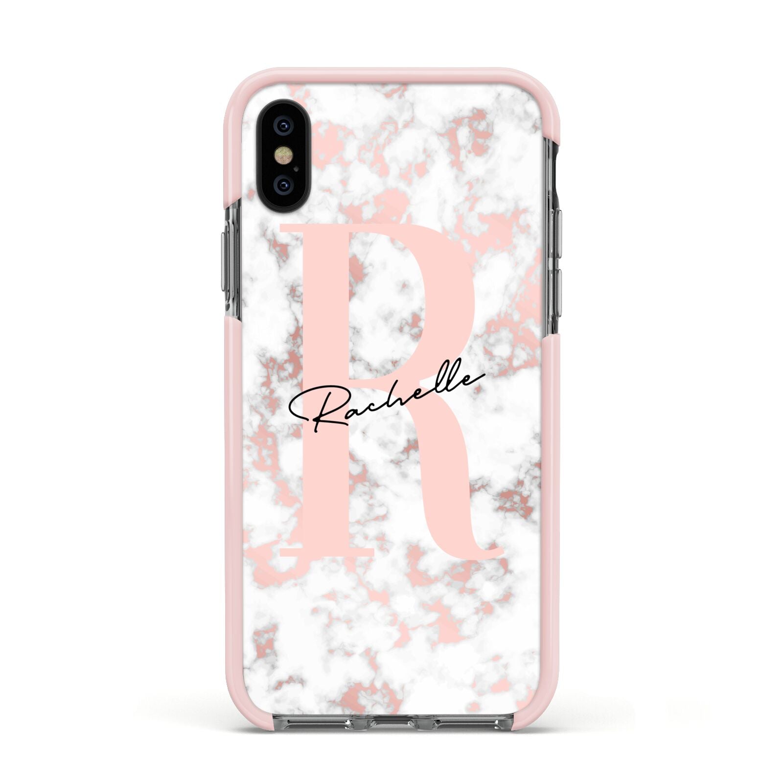Monogrammed Rose Gold Marble Apple iPhone Xs Impact Case Pink Edge on Black Phone