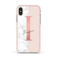 Monogrammed Rose Gold Marble Apple iPhone Xs Impact Case Pink Edge on Gold Phone