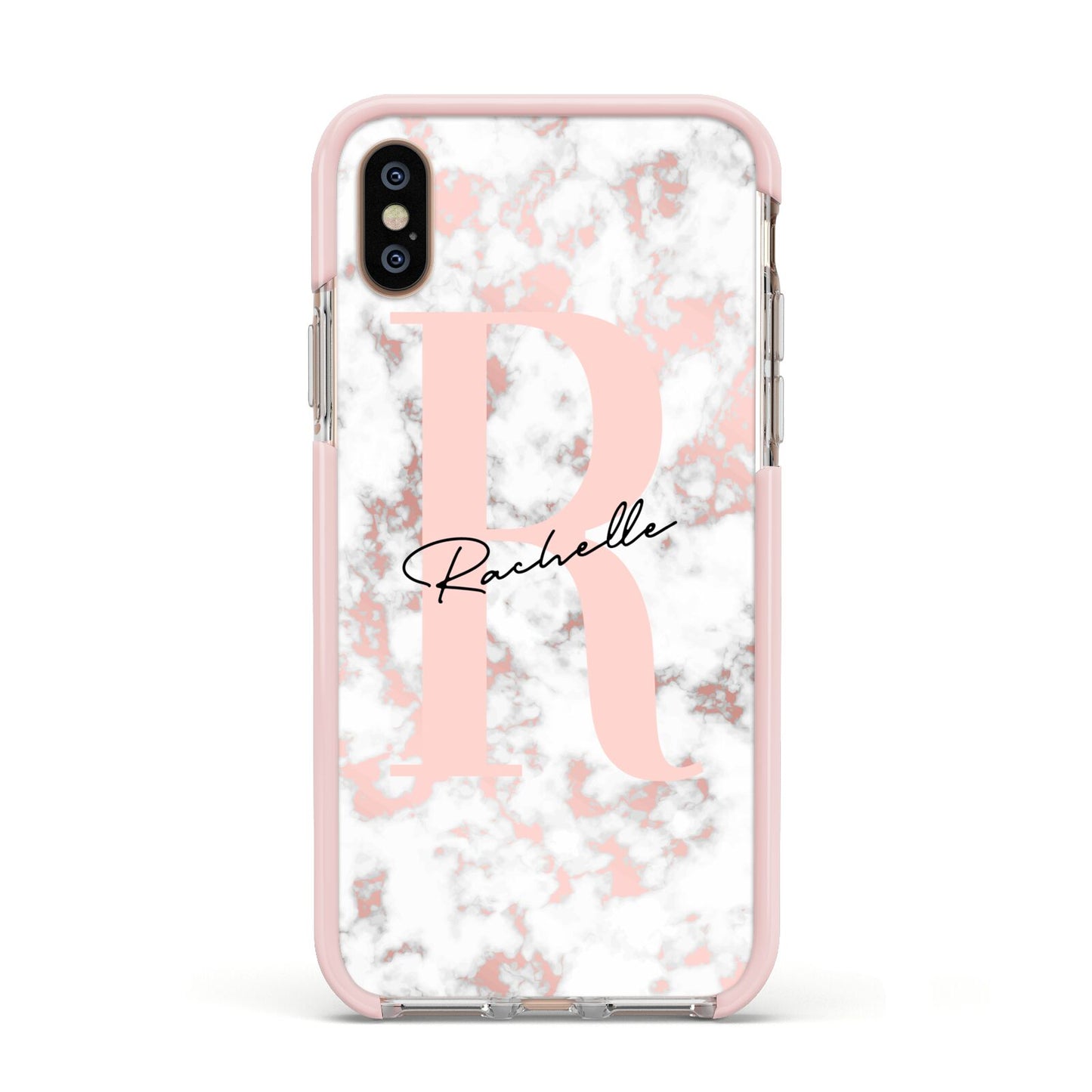 Monogrammed Rose Gold Marble Apple iPhone Xs Impact Case Pink Edge on Gold Phone