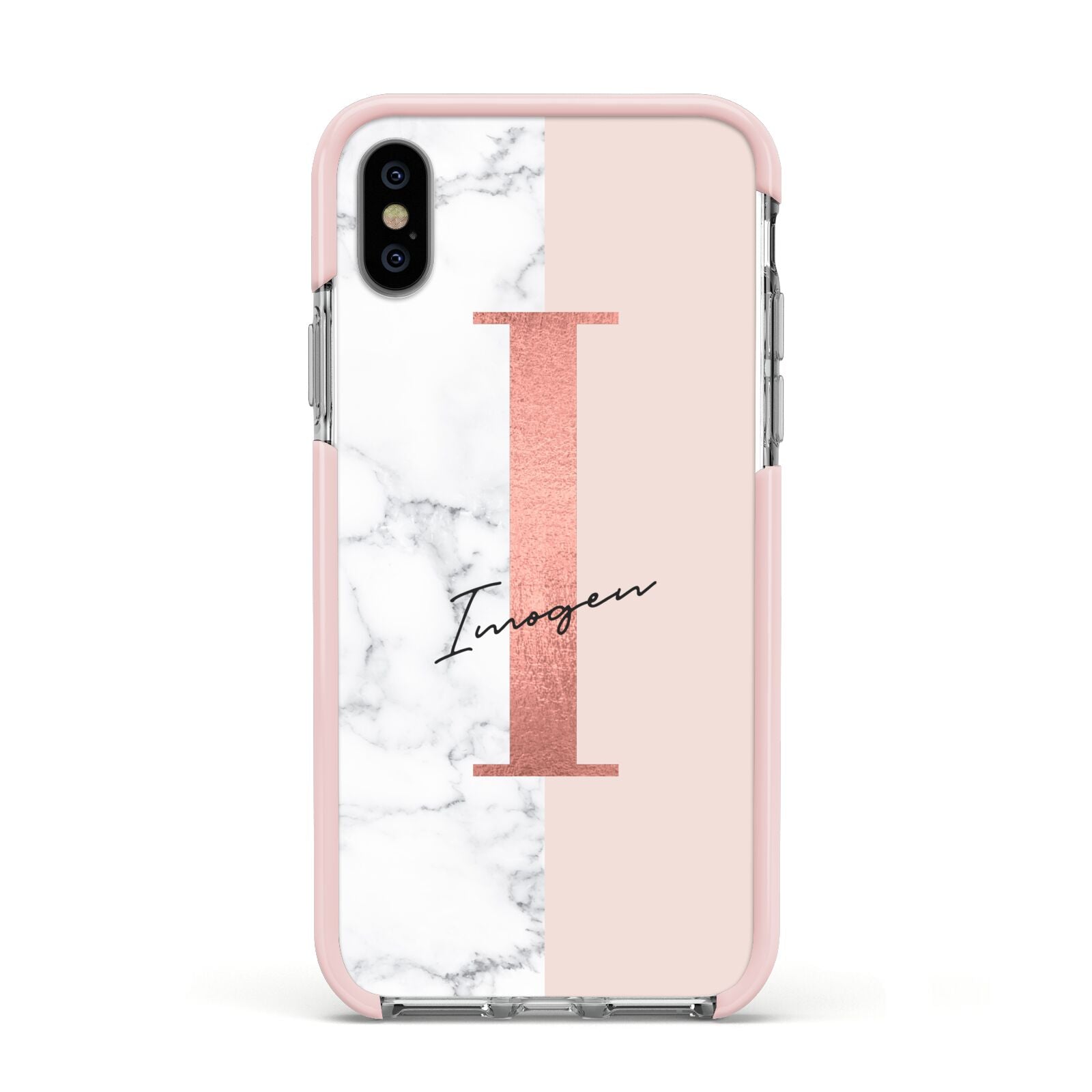 Monogrammed Rose Gold Marble Apple iPhone Xs Impact Case Pink Edge on Silver Phone