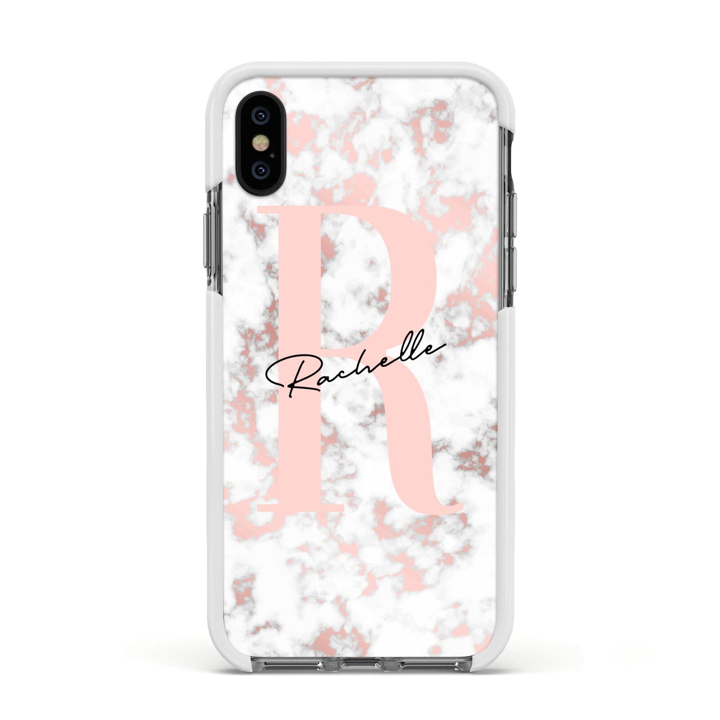 Monogrammed Rose Gold Marble Apple iPhone Xs Impact Case White Edge on Black Phone