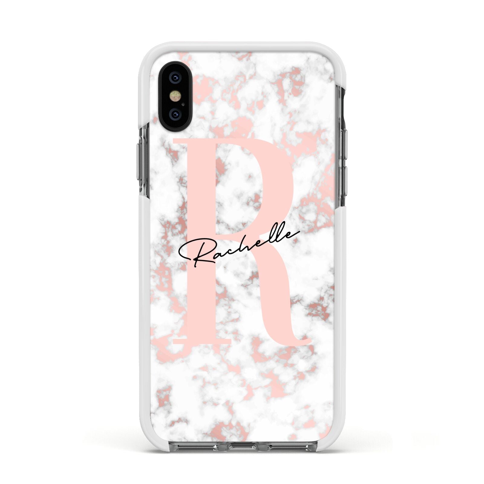 Monogrammed Rose Gold Marble Apple iPhone Xs Impact Case White Edge on Black Phone