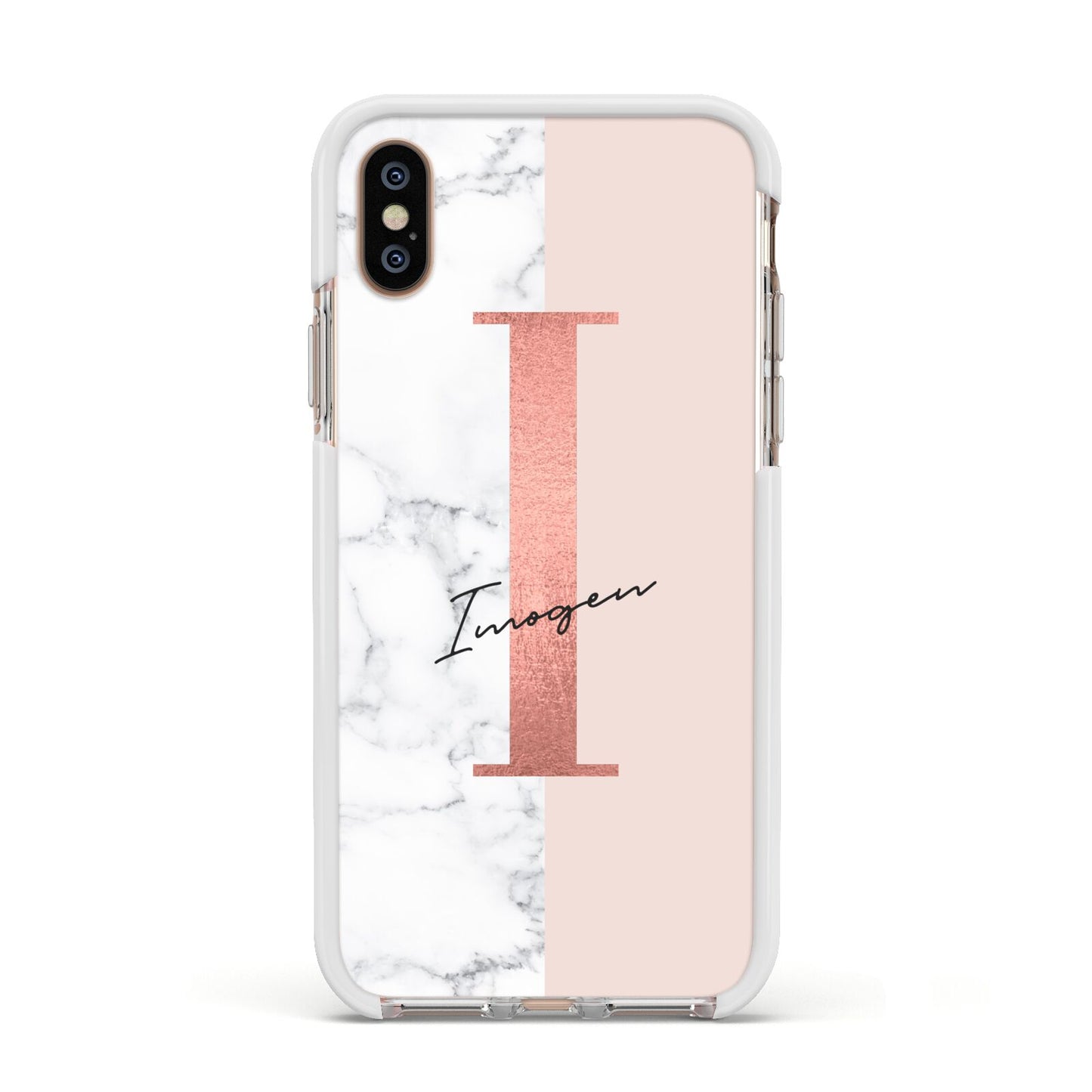 Monogrammed Rose Gold Marble Apple iPhone Xs Impact Case White Edge on Gold Phone