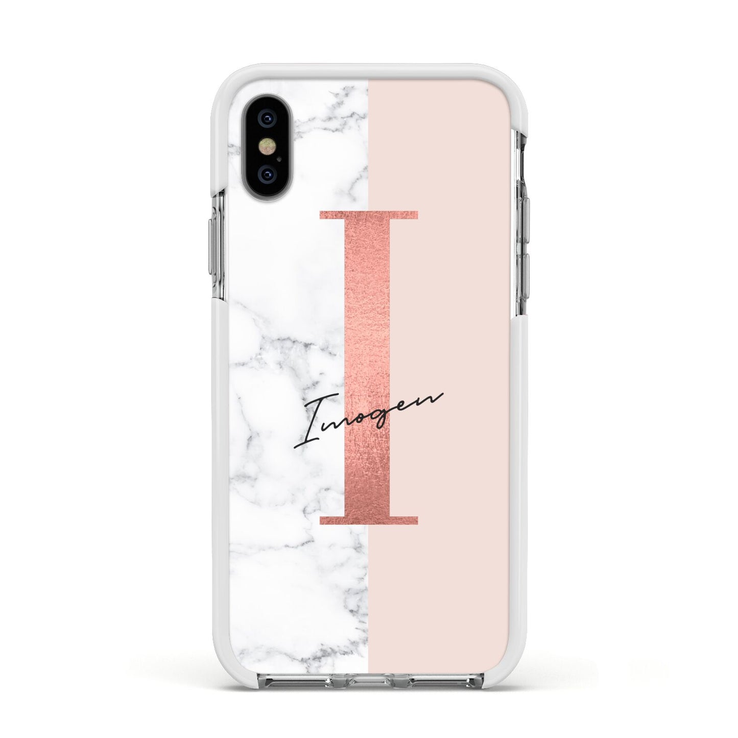Monogrammed Rose Gold Marble Apple iPhone Xs Impact Case White Edge on Silver Phone