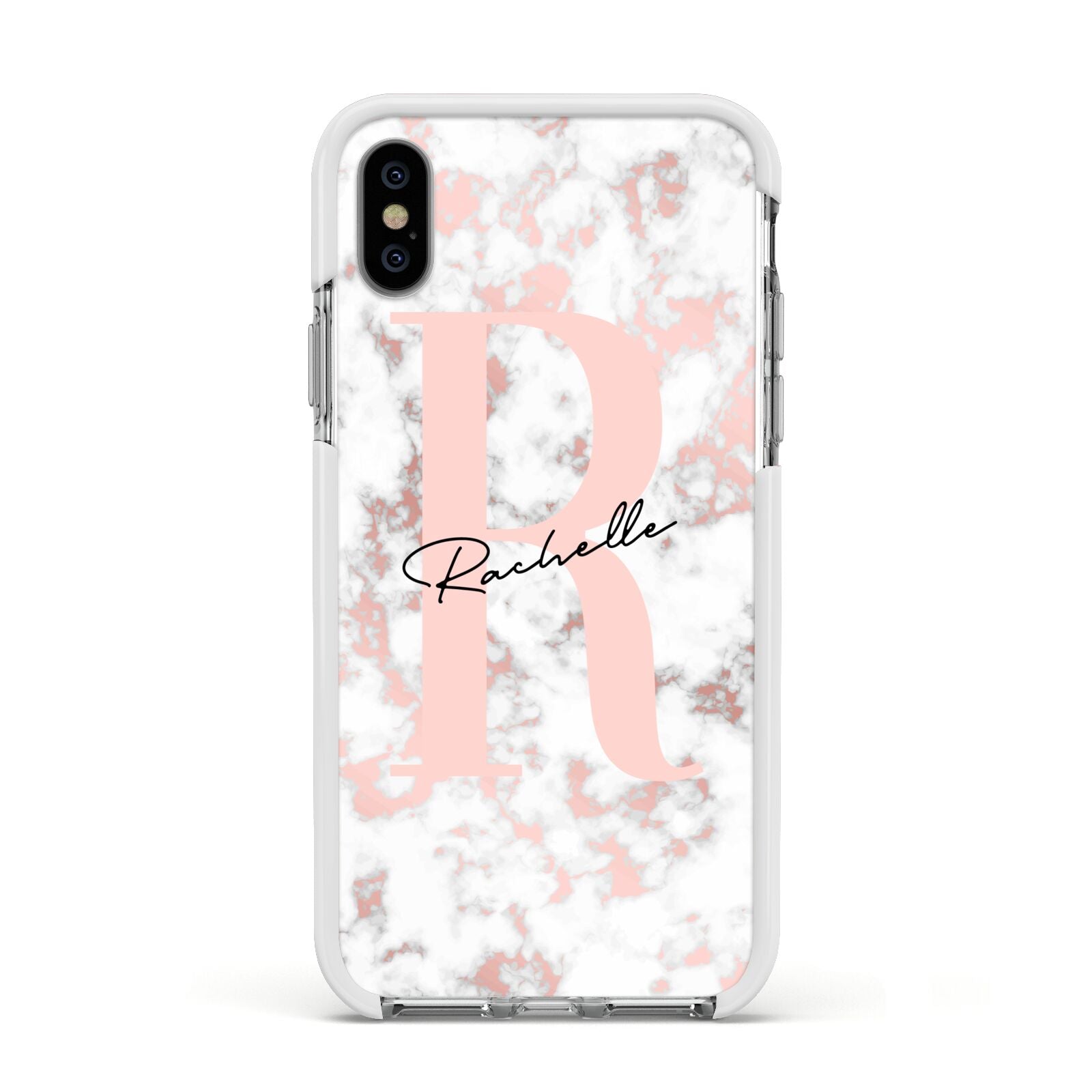 Monogrammed Rose Gold Marble Apple iPhone Xs Impact Case White Edge on Silver Phone