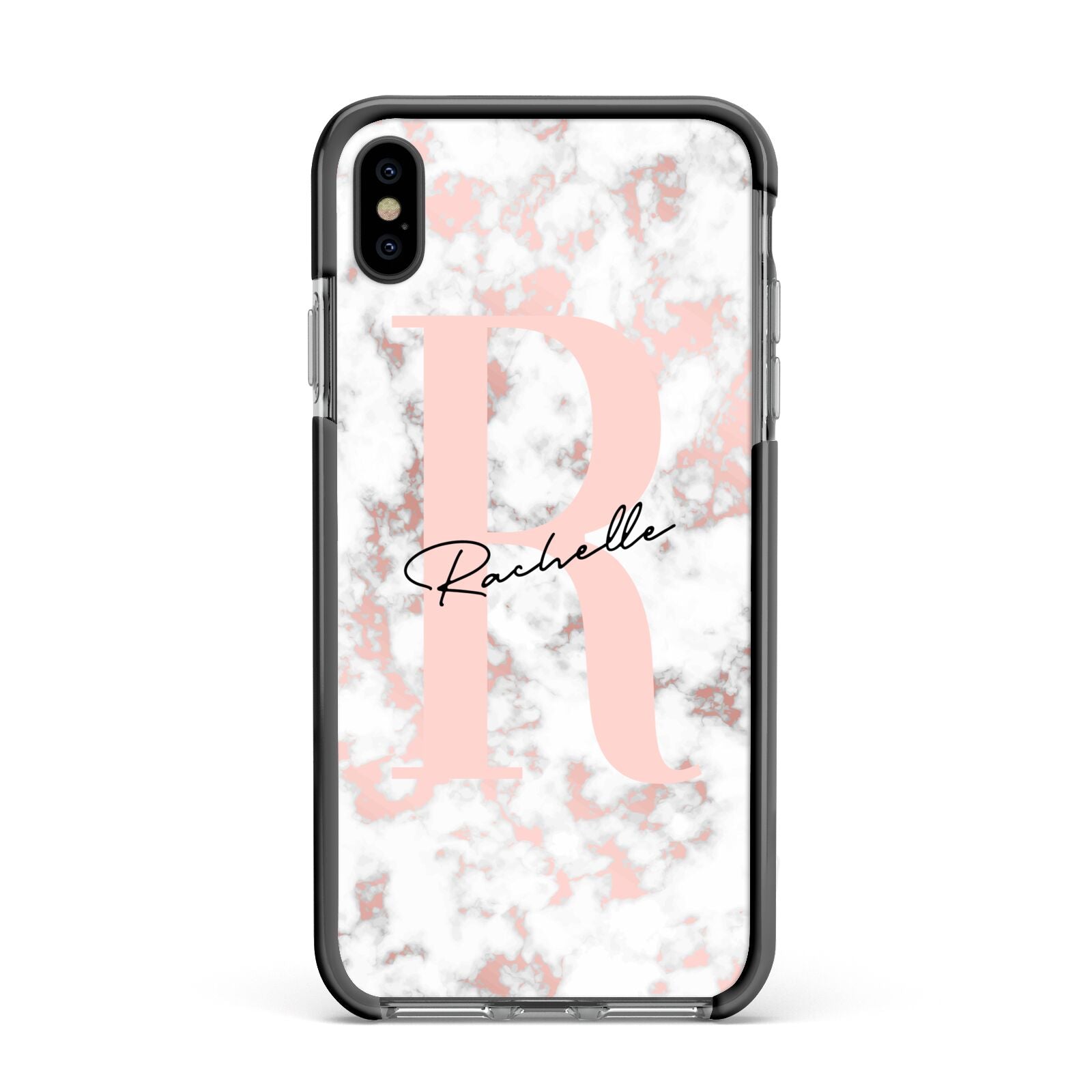 Monogrammed Rose Gold Marble Apple iPhone Xs Max Impact Case Black Edge on Black Phone