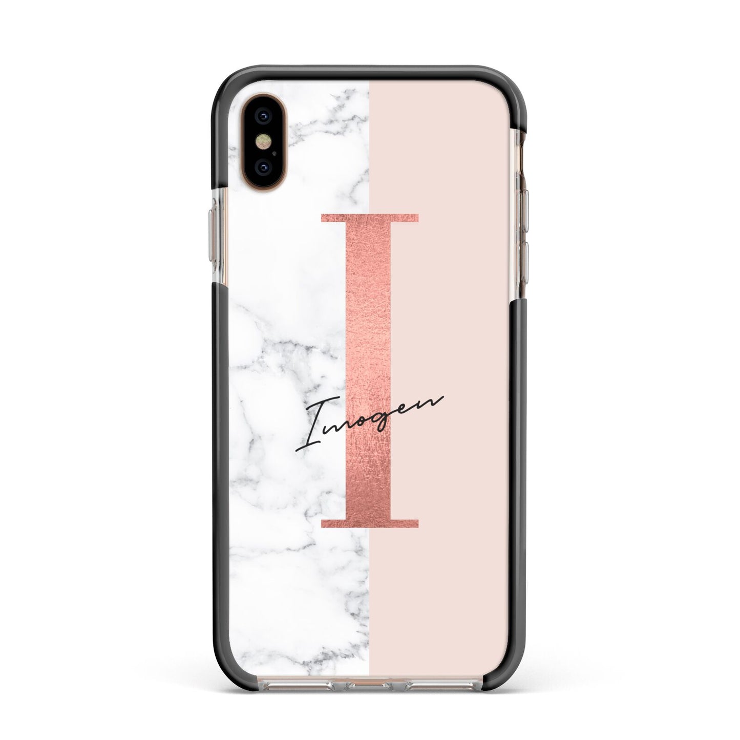 Monogrammed Rose Gold Marble Apple iPhone Xs Max Impact Case Black Edge on Gold Phone
