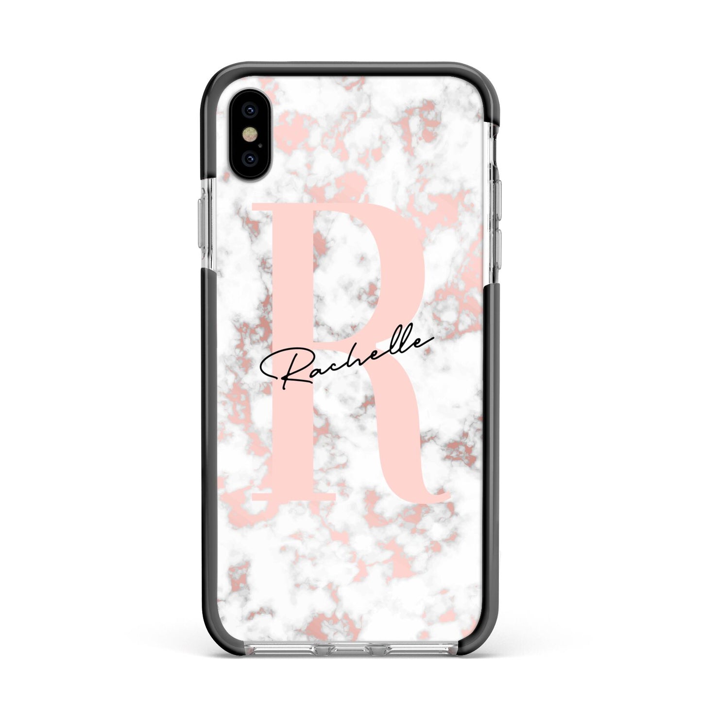 Monogrammed Rose Gold Marble Apple iPhone Xs Max Impact Case Black Edge on Silver Phone