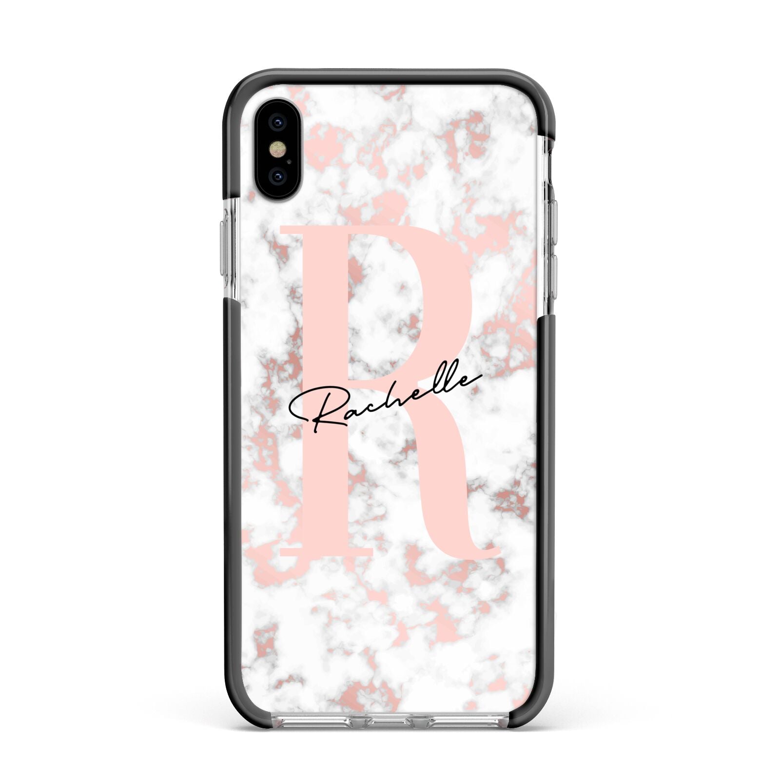 Monogrammed Rose Gold Marble Apple iPhone Xs Max Impact Case Black Edge on Silver Phone