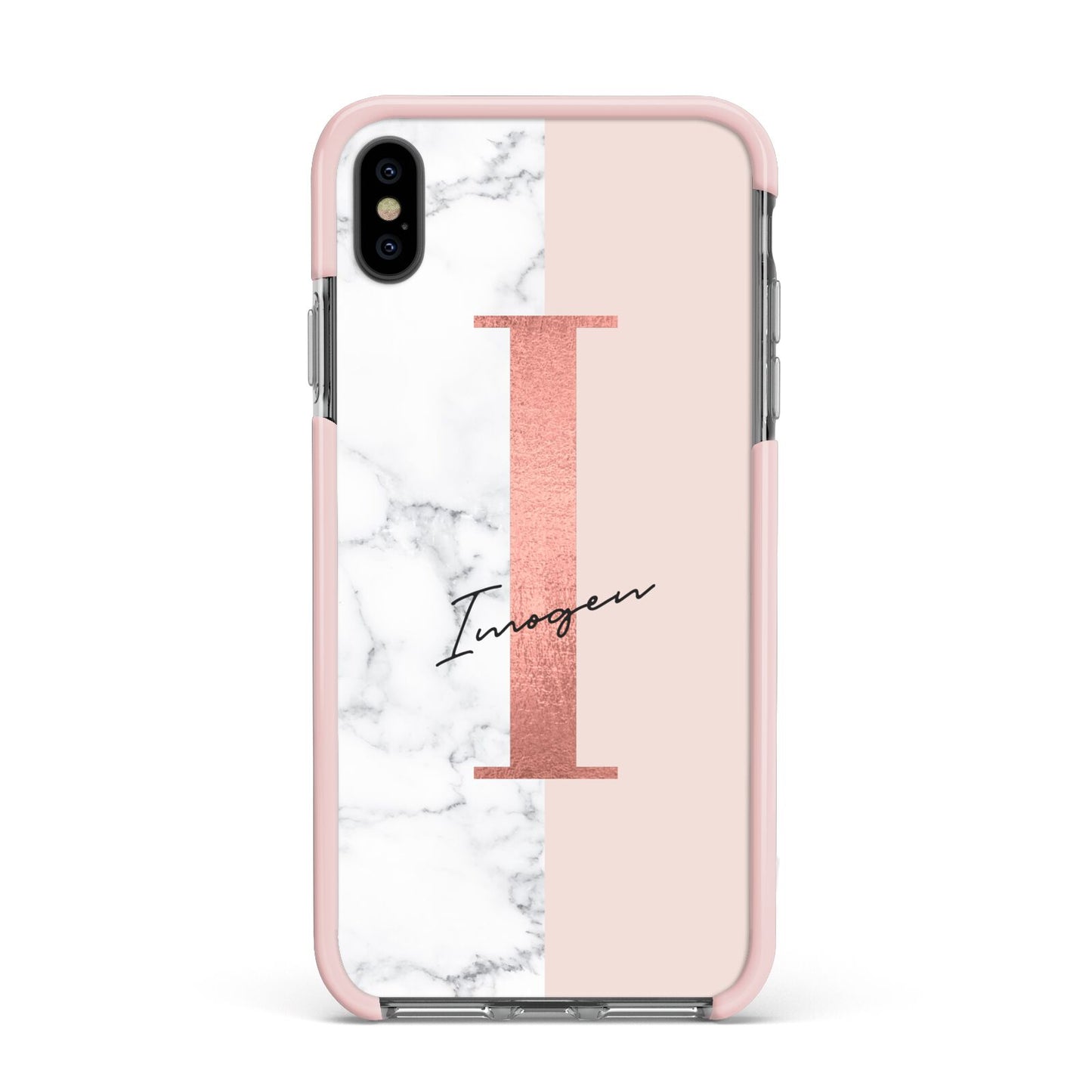 Monogrammed Rose Gold Marble Apple iPhone Xs Max Impact Case Pink Edge on Black Phone
