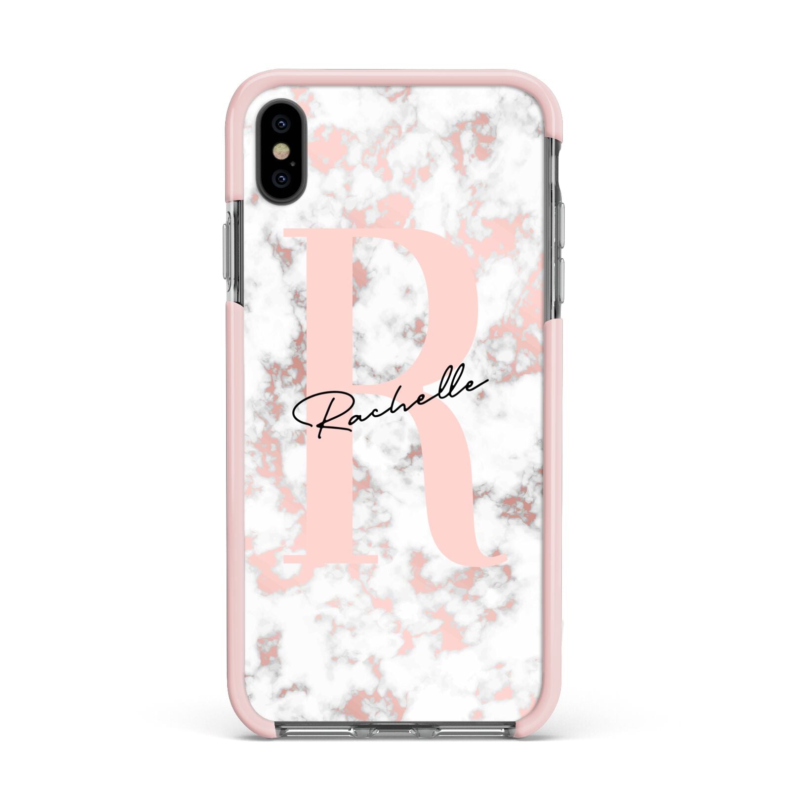Monogrammed Rose Gold Marble Apple iPhone Xs Max Impact Case Pink Edge on Black Phone