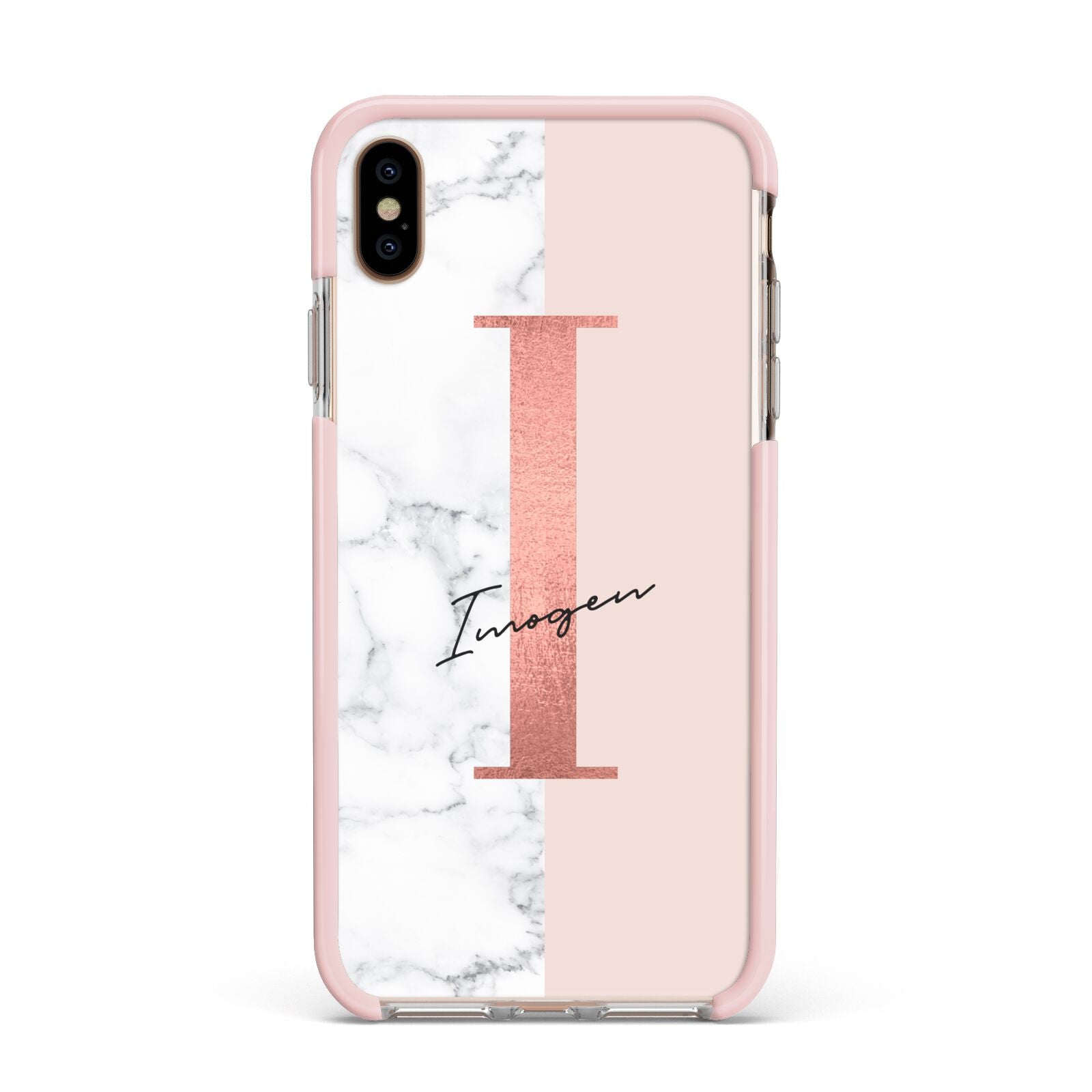 Monogrammed Rose Gold Marble Apple iPhone Xs Max Impact Case Pink Edge on Gold Phone