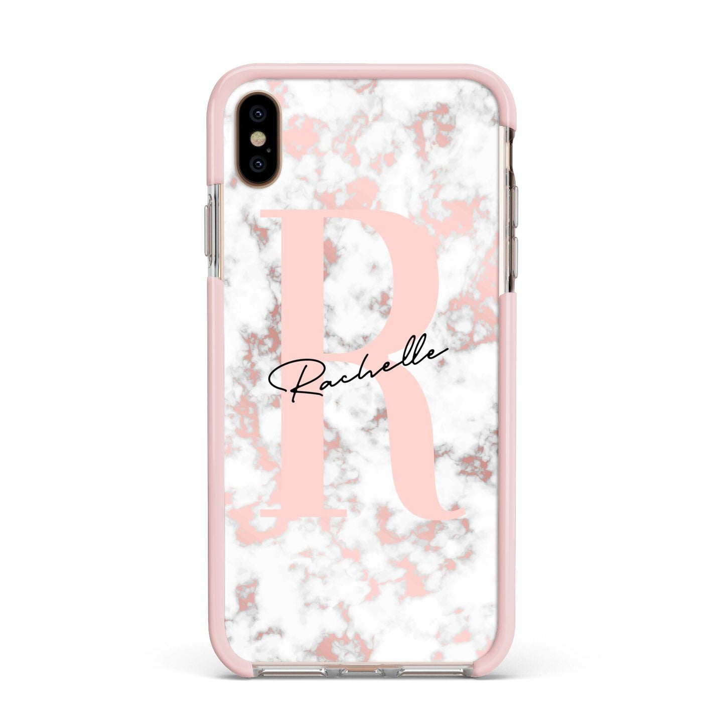 Monogrammed Rose Gold Marble Apple iPhone Xs Max Impact Case Pink Edge on Gold Phone