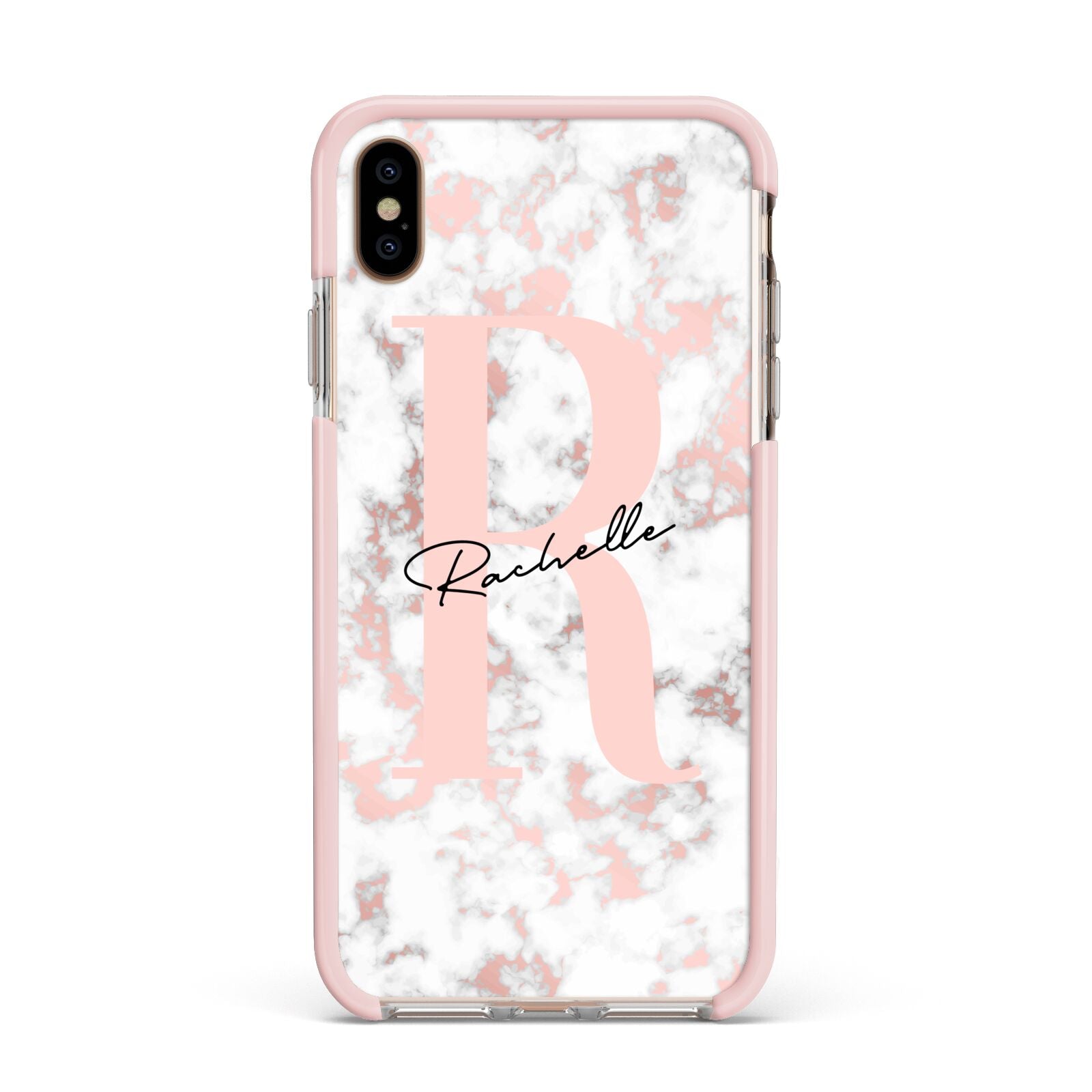 Monogrammed Rose Gold Marble Apple iPhone Xs Max Impact Case Pink Edge on Gold Phone